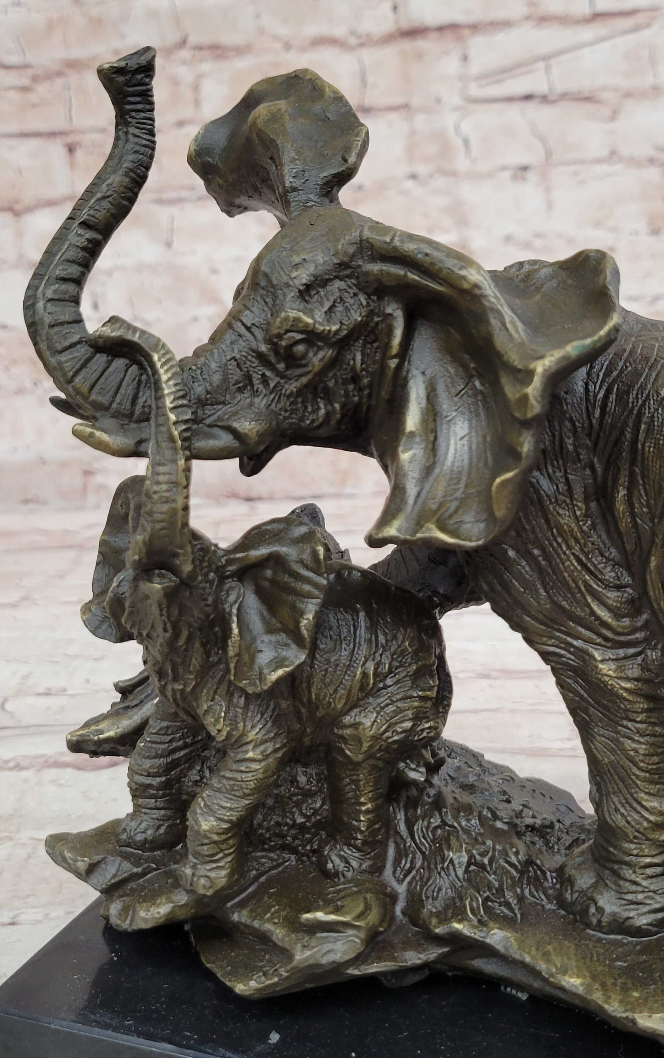 Mother Elephant & Calf Bronze Statue Sculpture Figure on Marble Base Barye