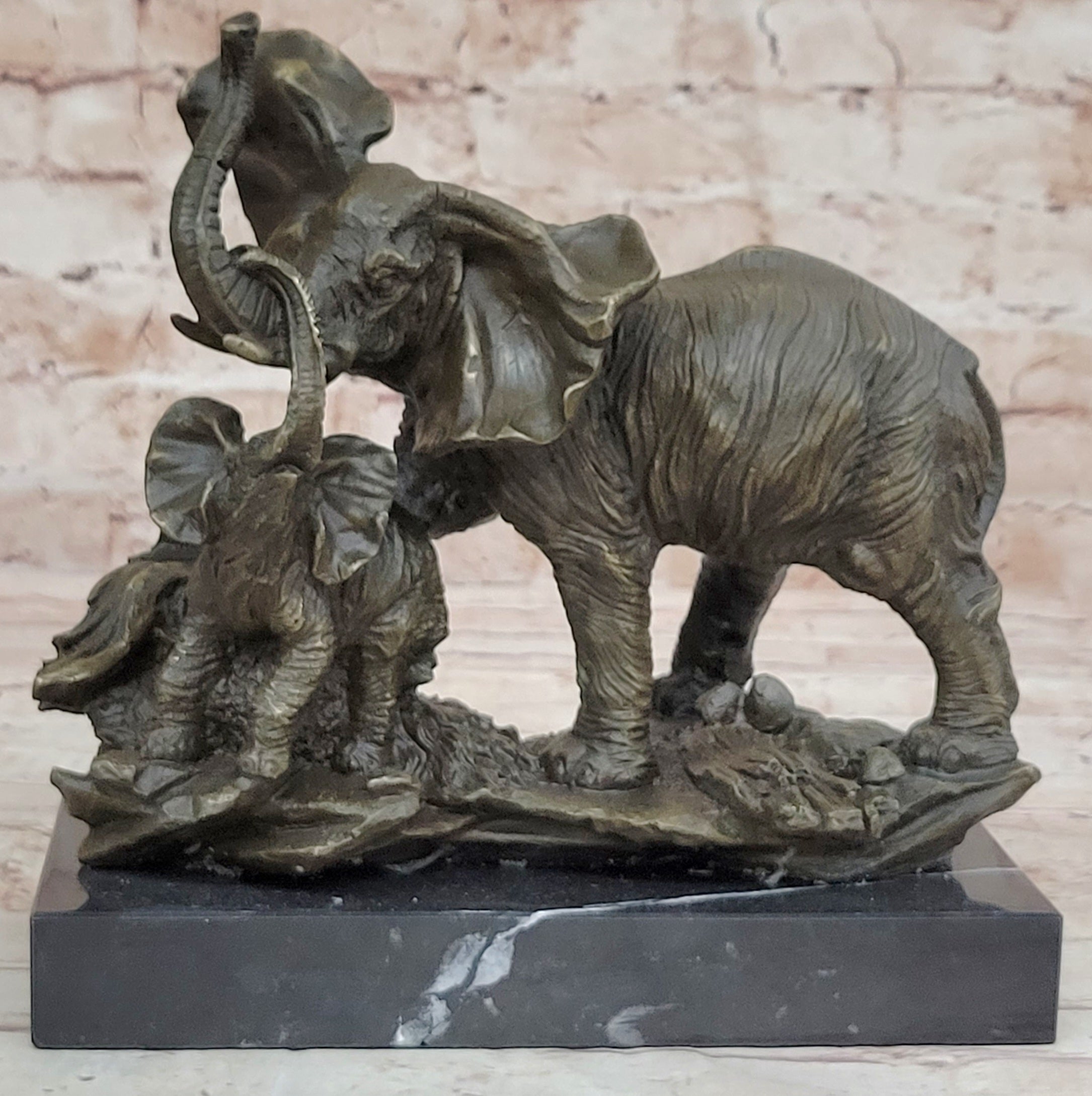 Mother Elephant & Calf Bronze Statue Sculpture Figure on Marble Base Barye