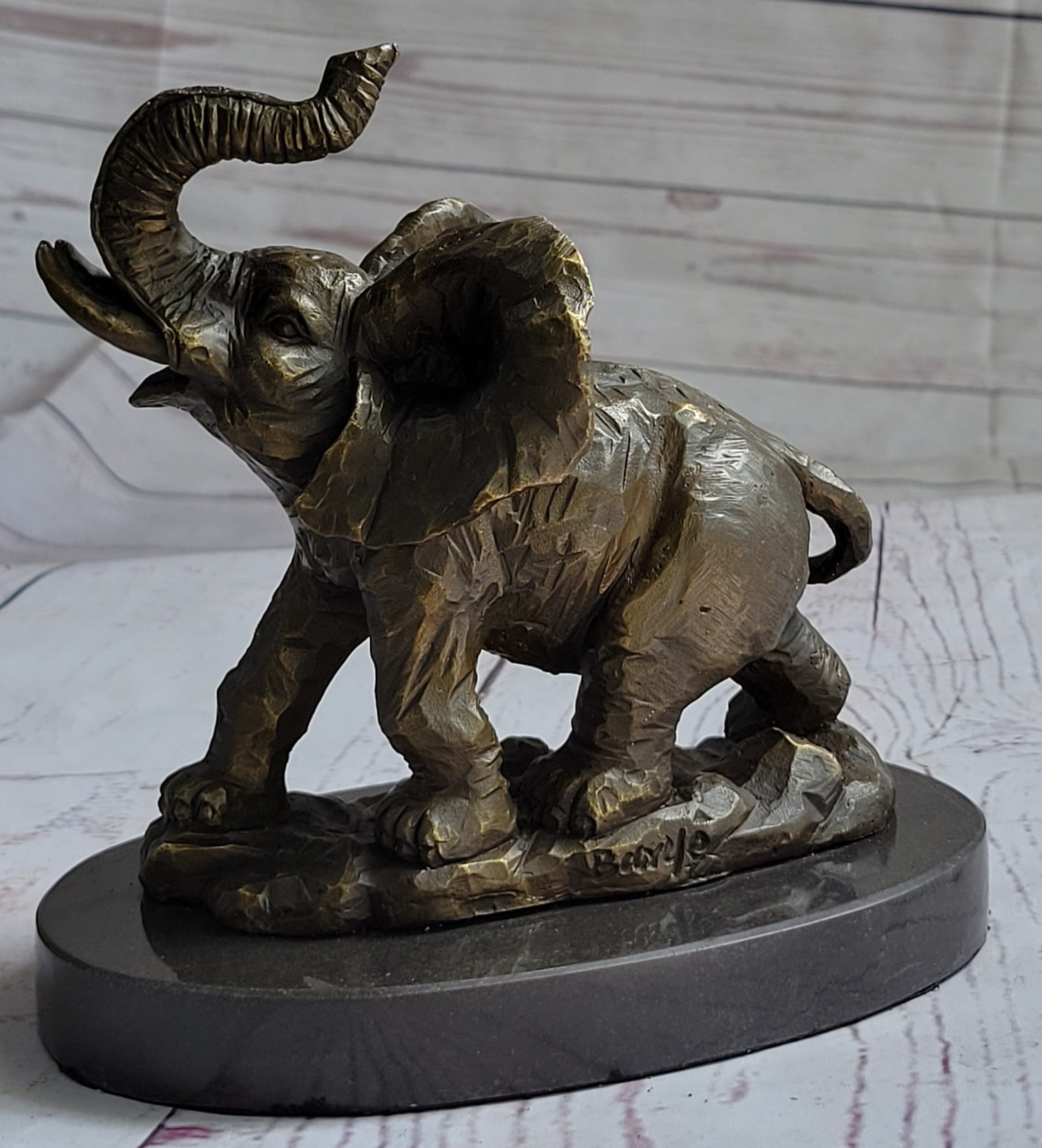 Trumpeting Elephant Trunk in the Air Bronze Metal Sculpture Statue Figure on Marble Base 7" x 8"