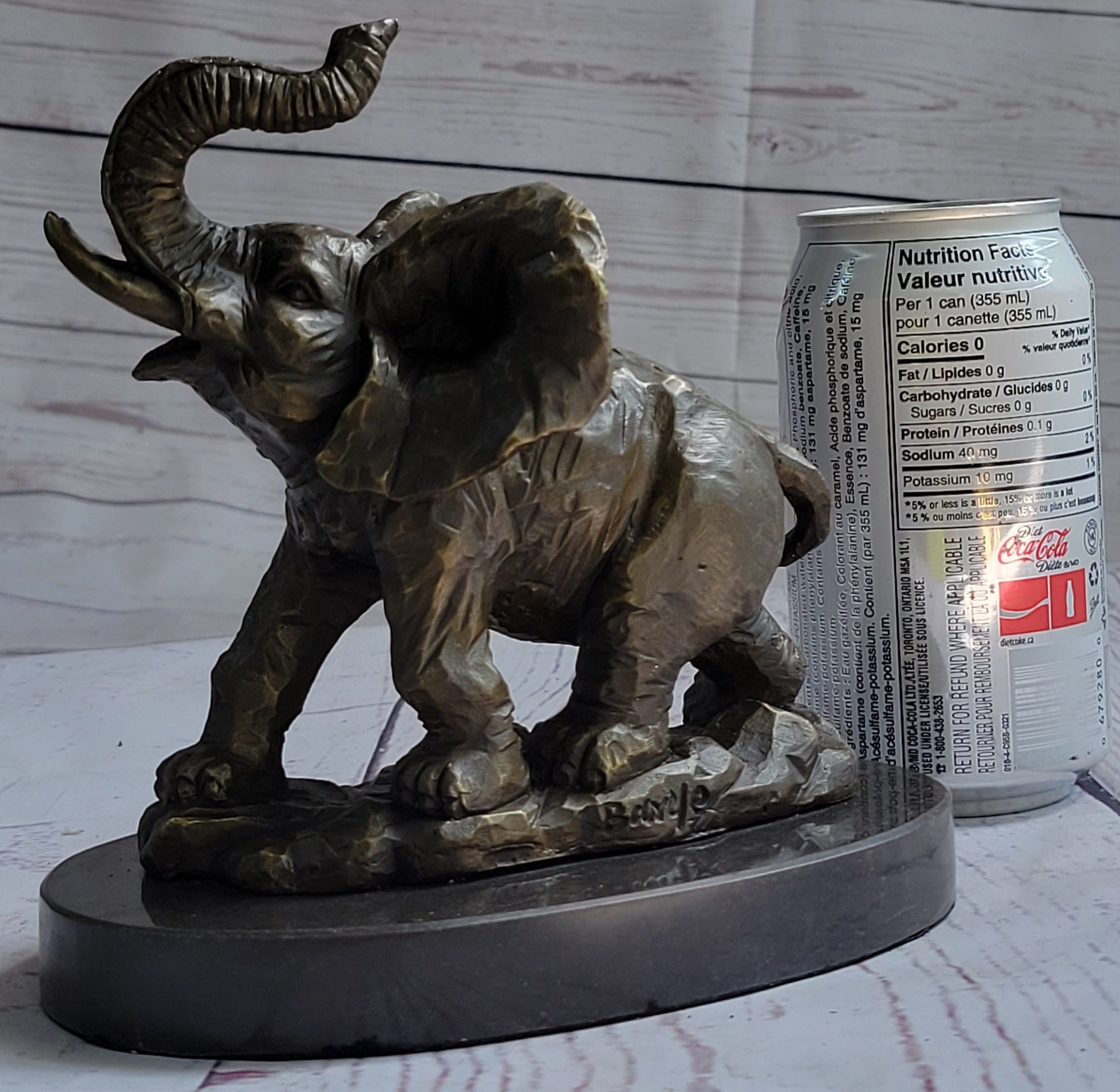Trumpeting Elephant Trunk in the Air Bronze Metal Sculpture Statue Figure on Marble Base 7" x 8"
