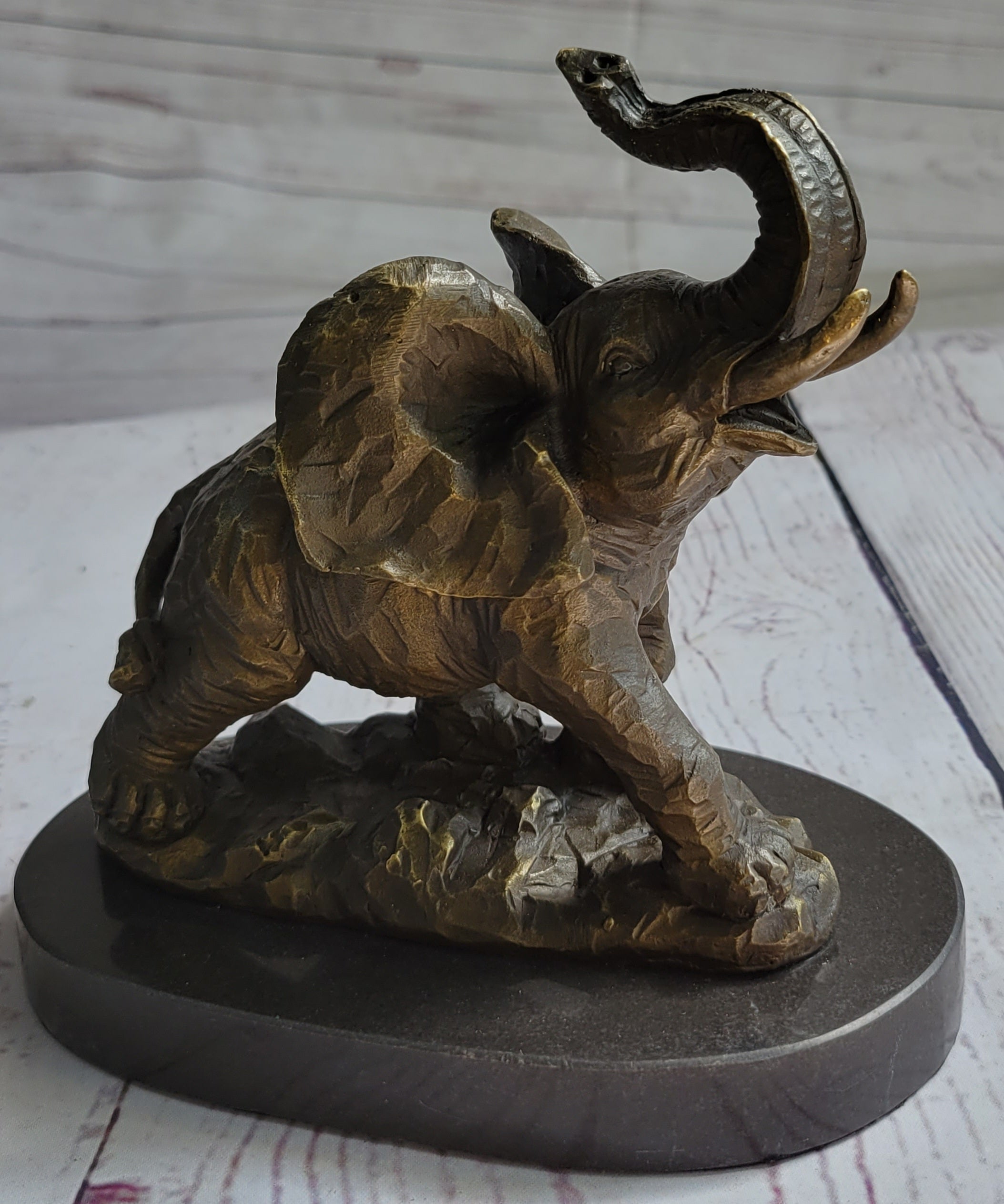 Trumpeting Elephant Trunk in the Air Bronze Metal Sculpture Statue Figure on Marble Base 7" x 8"