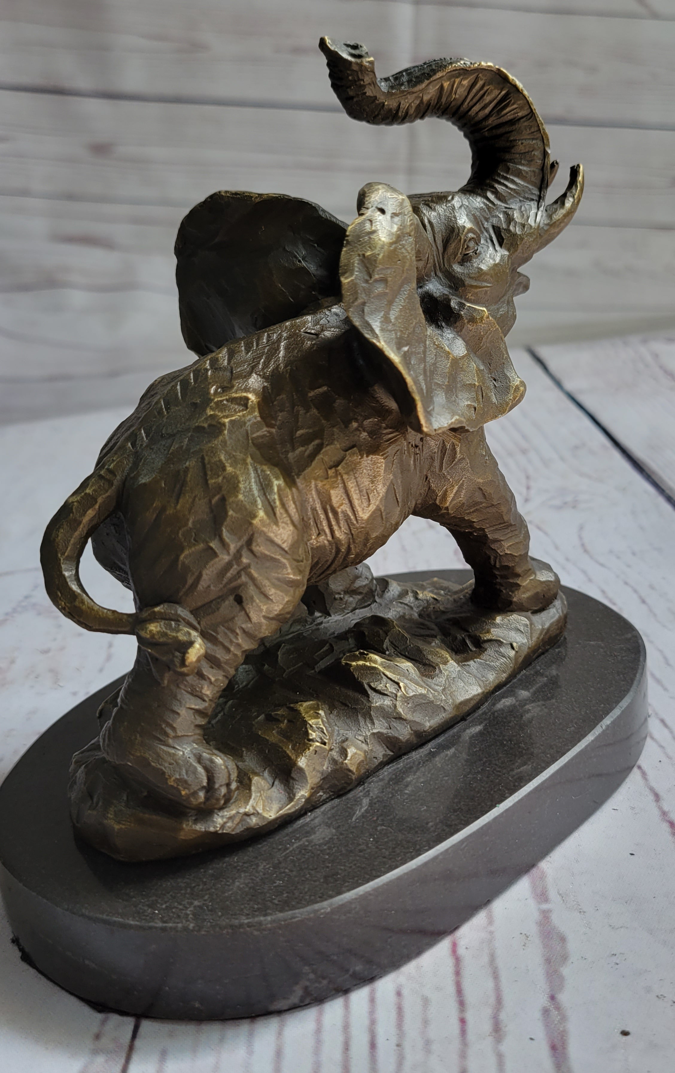 Trumpeting Elephant Trunk in the Air Bronze Metal Sculpture Statue Figure on Marble Base 7" x 8"
