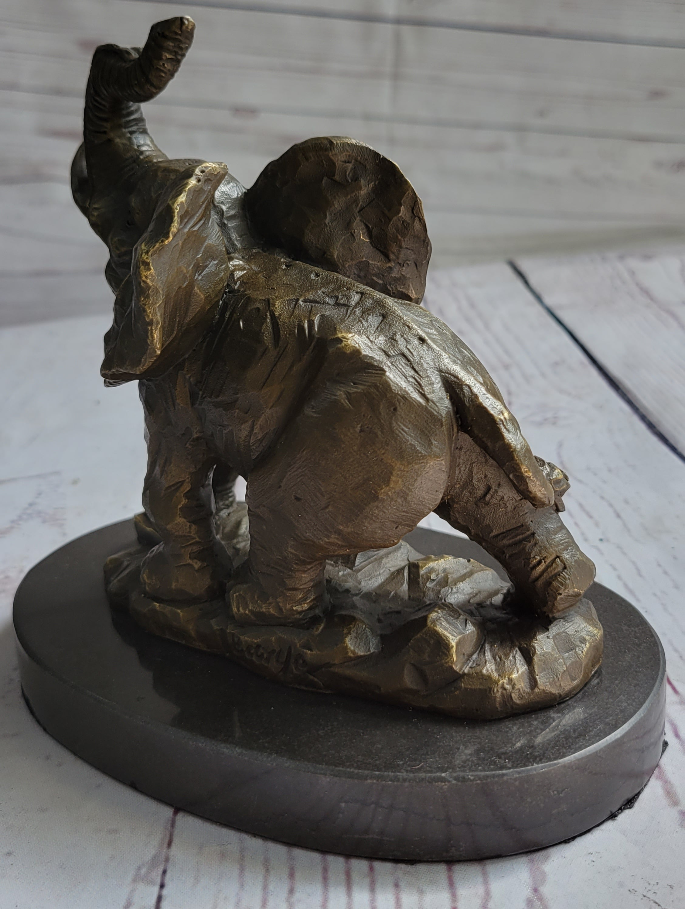 Trumpeting Elephant Trunk in the Air Bronze Metal Sculpture Statue Figure on Marble Base 7" x 8"