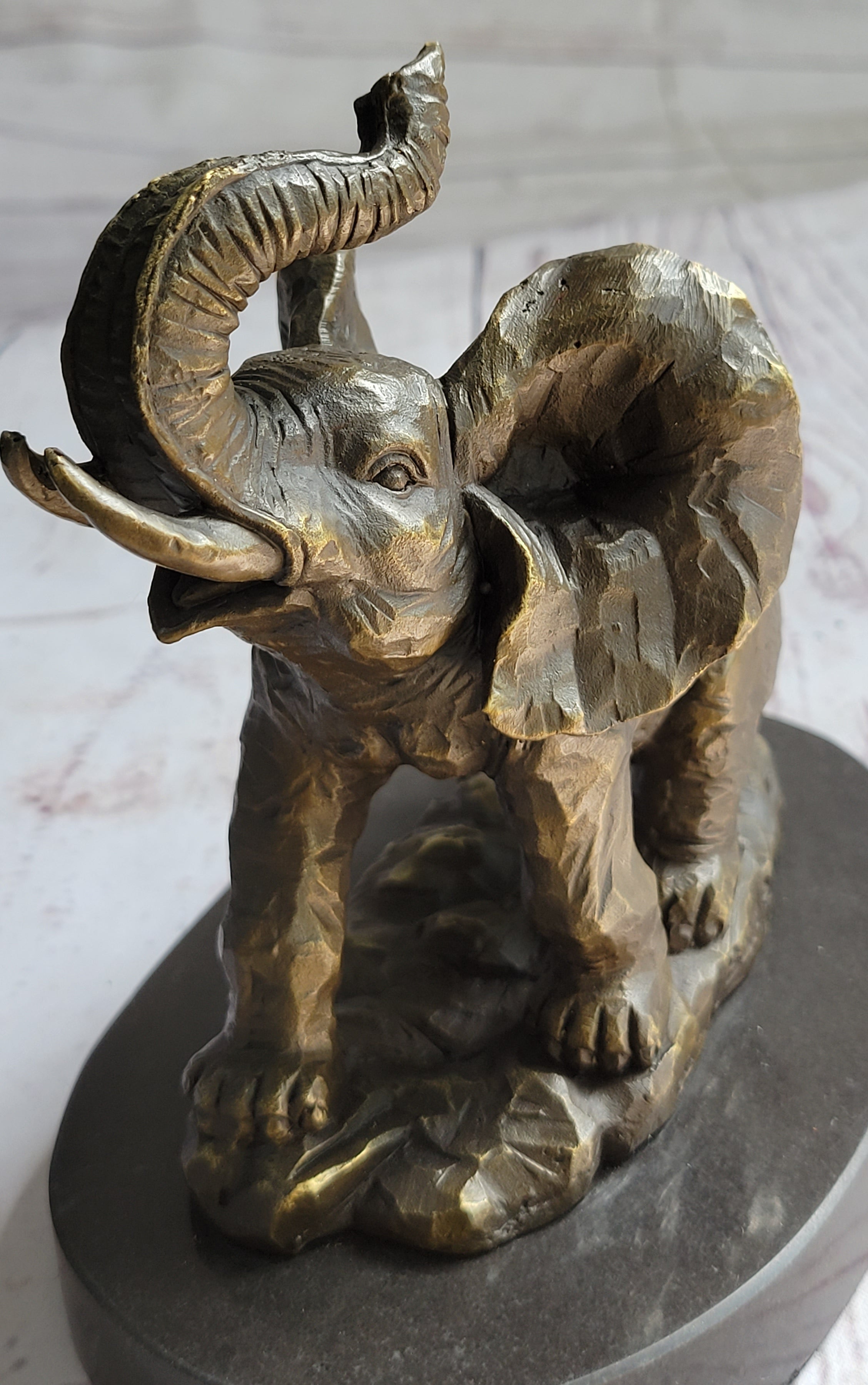 Trumpeting Elephant Trunk in the Air Bronze Metal Sculpture Statue Figure on Marble Base 7" x 8"