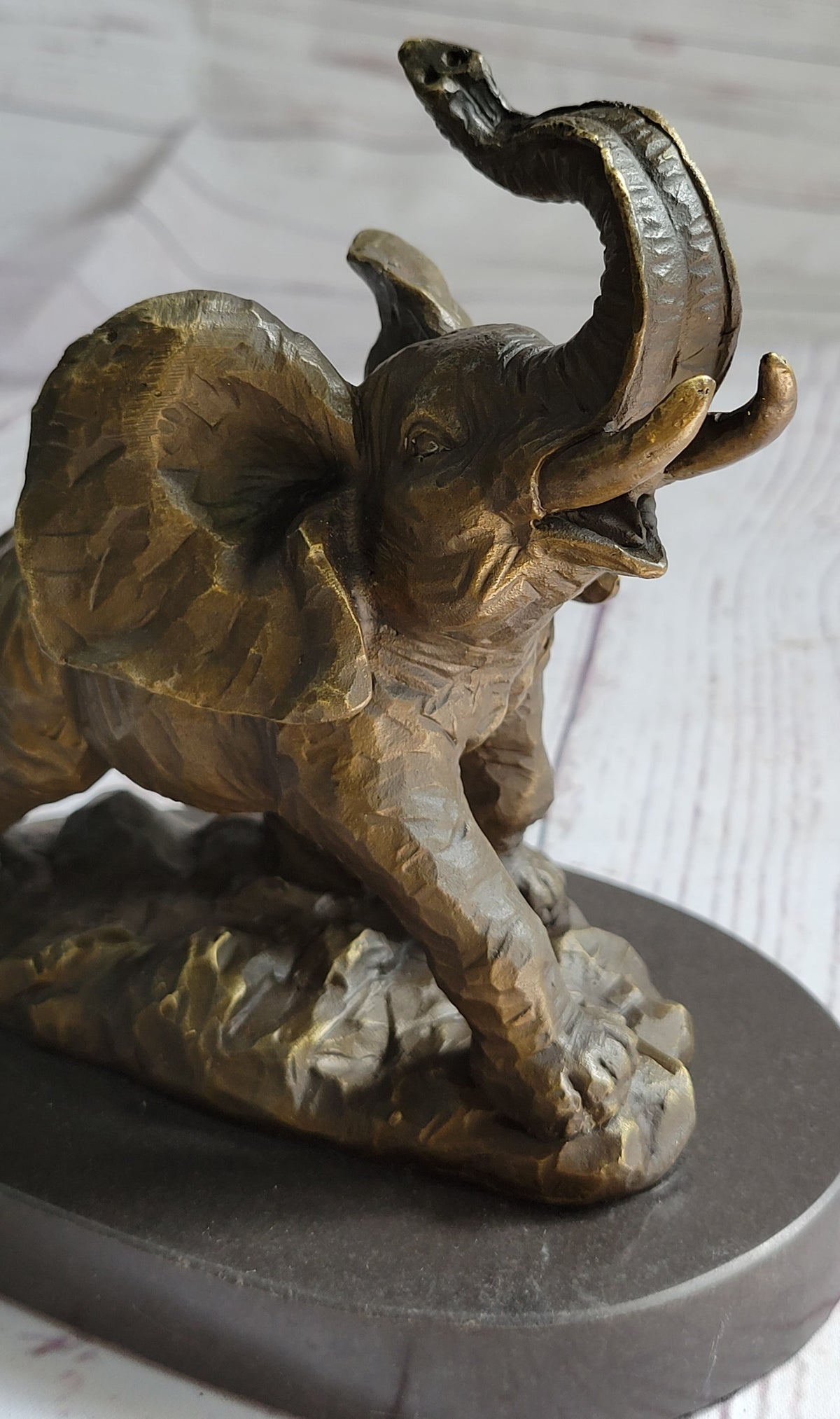 Trumpeting Elephant Trunk in the Air Bronze Metal Sculpture Statue Figure on Marble Base 7" x 8"