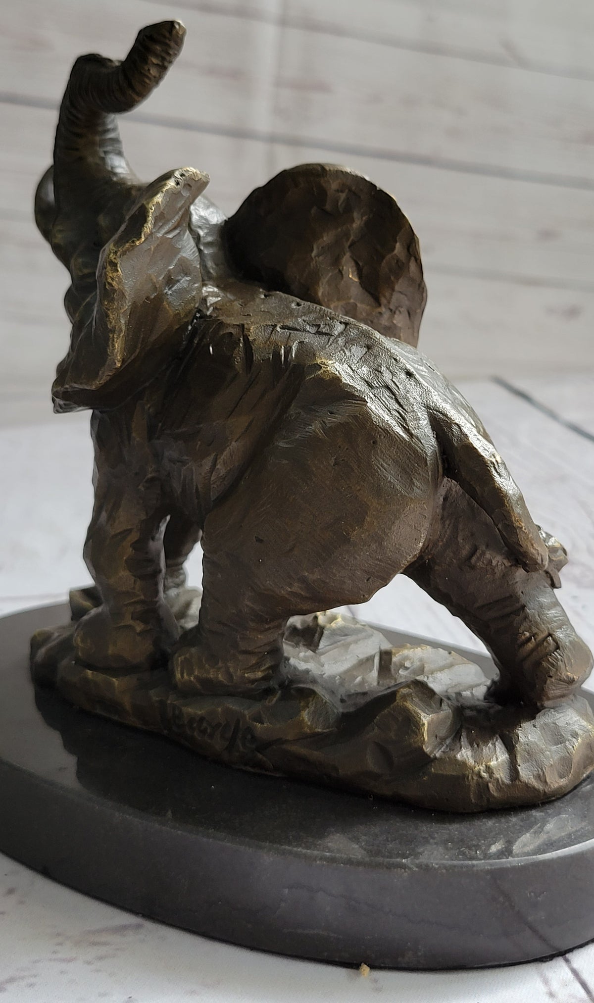 Trumpeting Elephant Trunk in the Air Bronze Metal Sculpture Statue Figure on Marble Base 7" x 8"