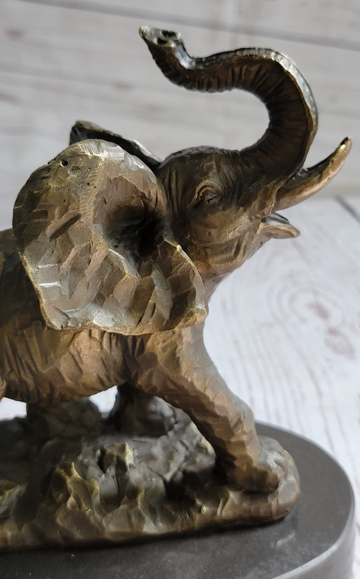 Trumpeting Elephant Trunk in the Air Bronze Metal Sculpture Statue Figure on Marble Base 7" x 8"