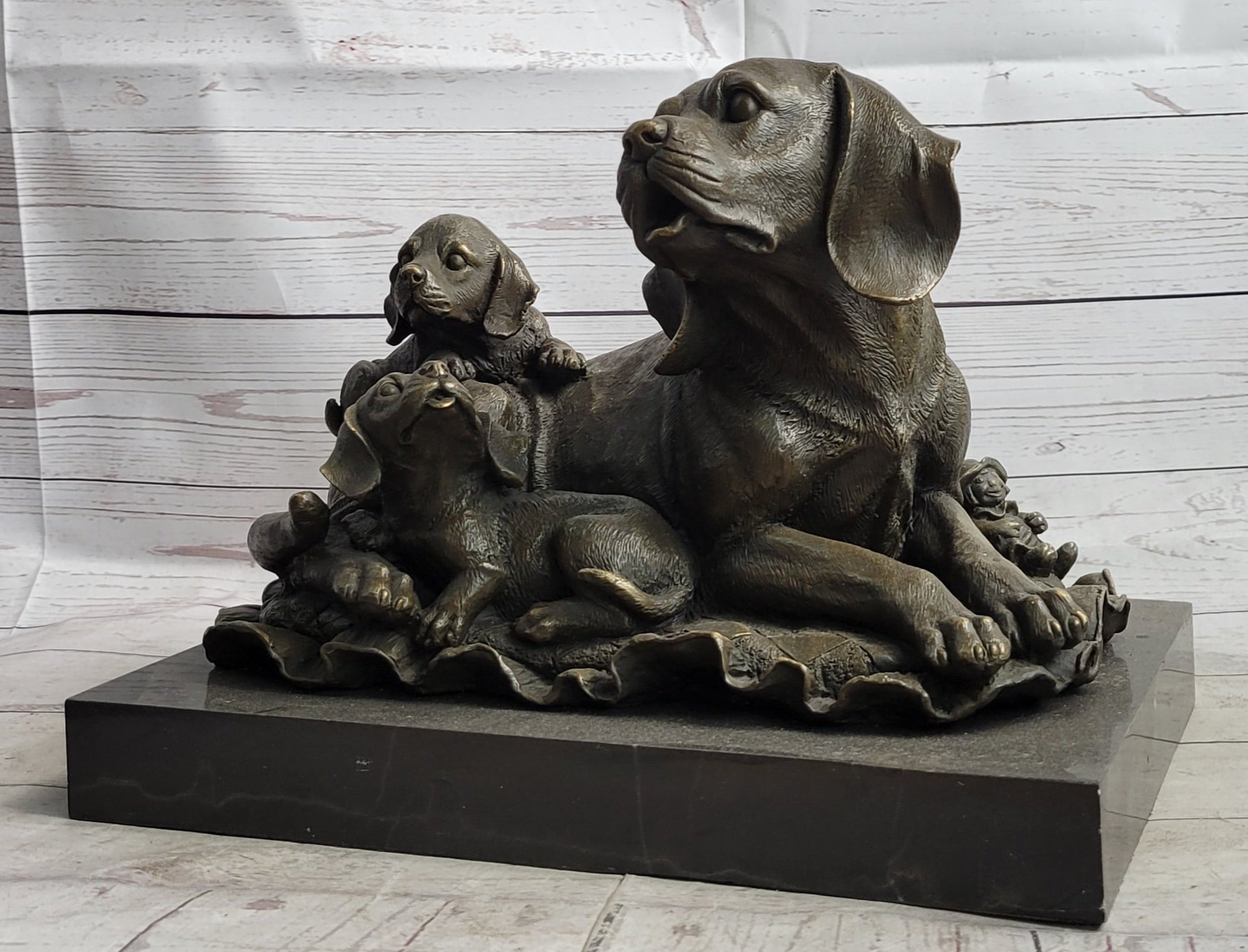 Mother Dog and 2 Puppies Bronze Sculpture Statue Pet Decor Signed Art Marble Base