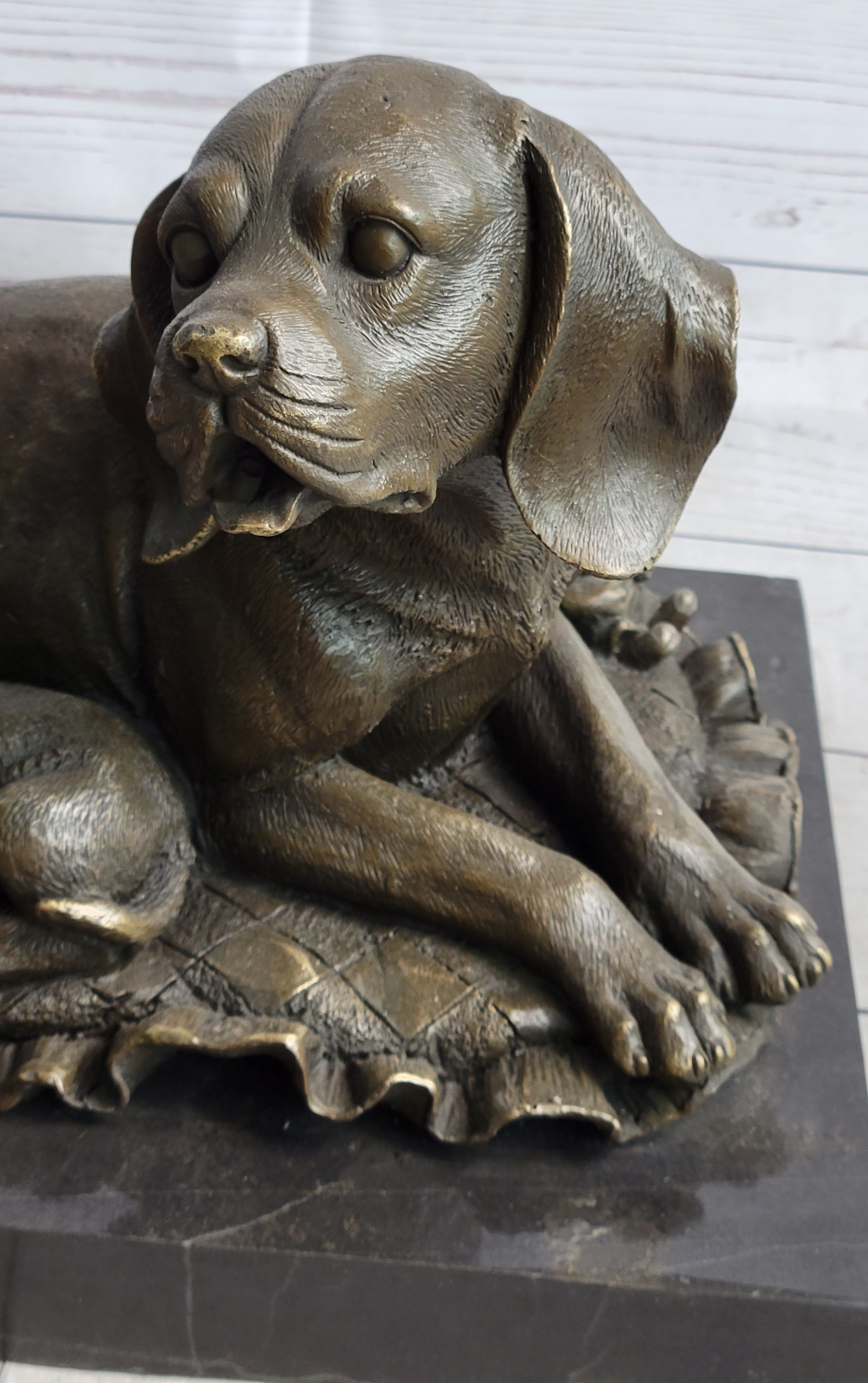 Mother Dog and 2 Puppies Bronze Sculpture Statue Pet Decor Signed Art Marble Base