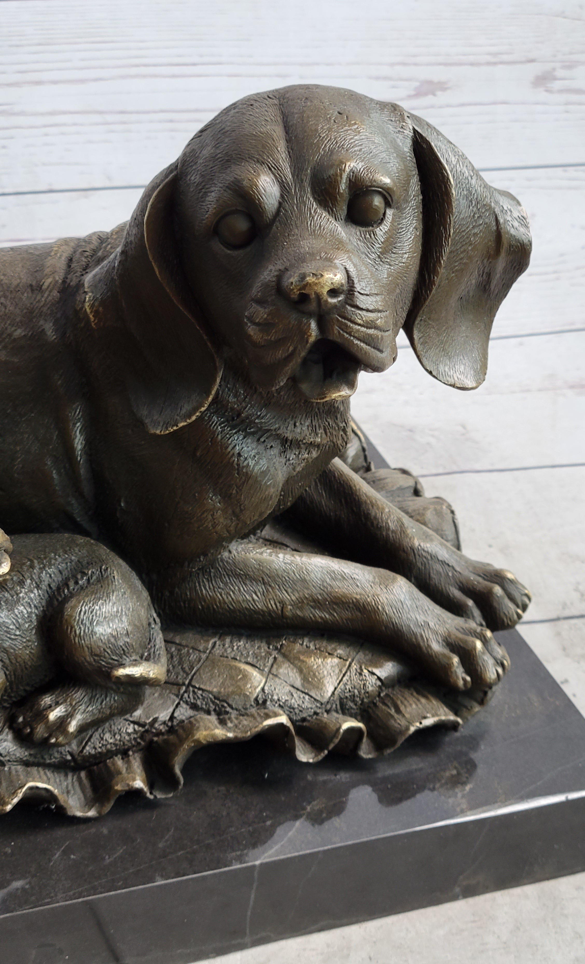 Mother Dog and 2 Puppies Bronze Sculpture Statue Pet Decor Signed Art Marble Base