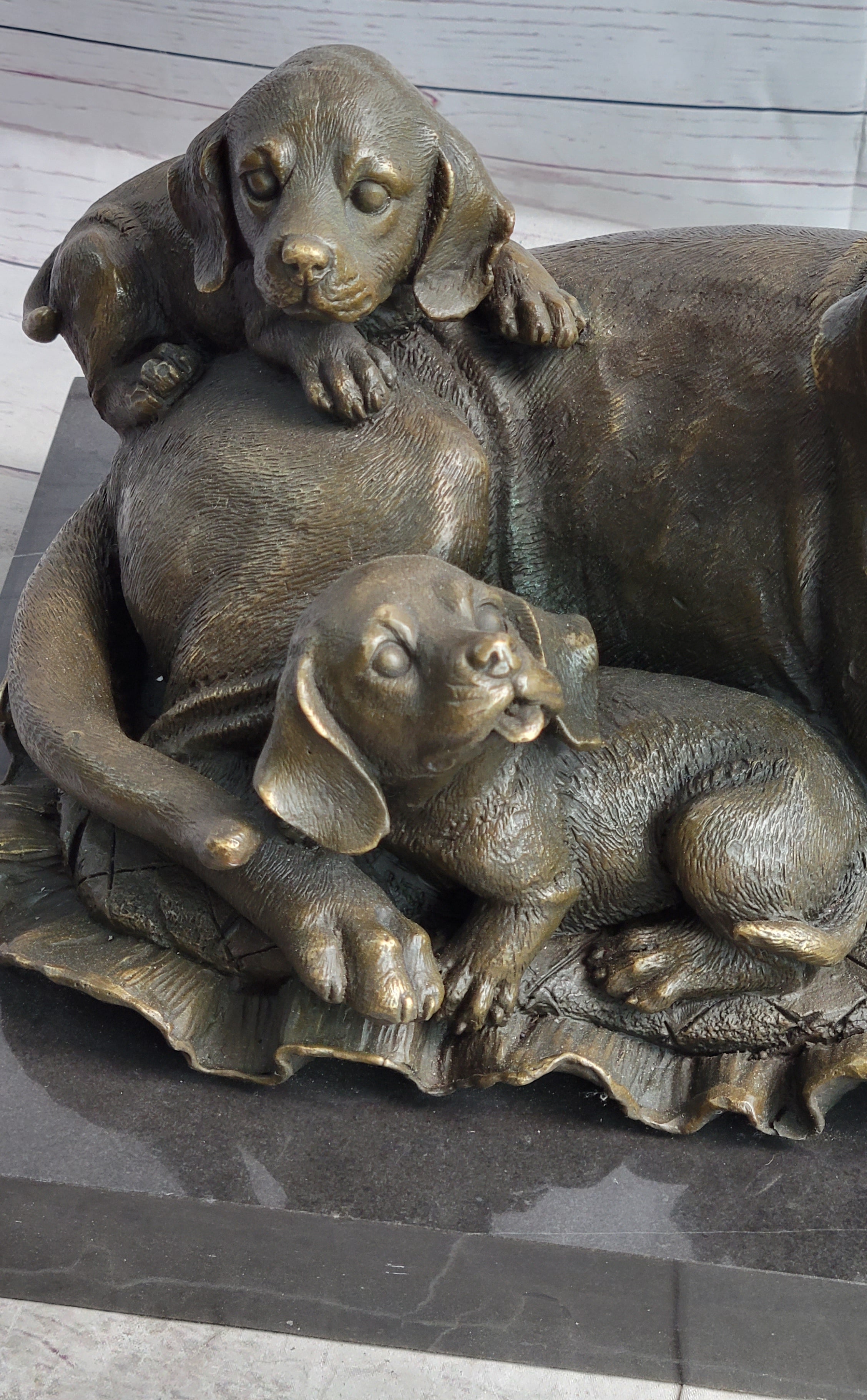 Mother Dog and 2 Puppies Bronze Sculpture Statue Pet Decor Signed Art Marble Base
