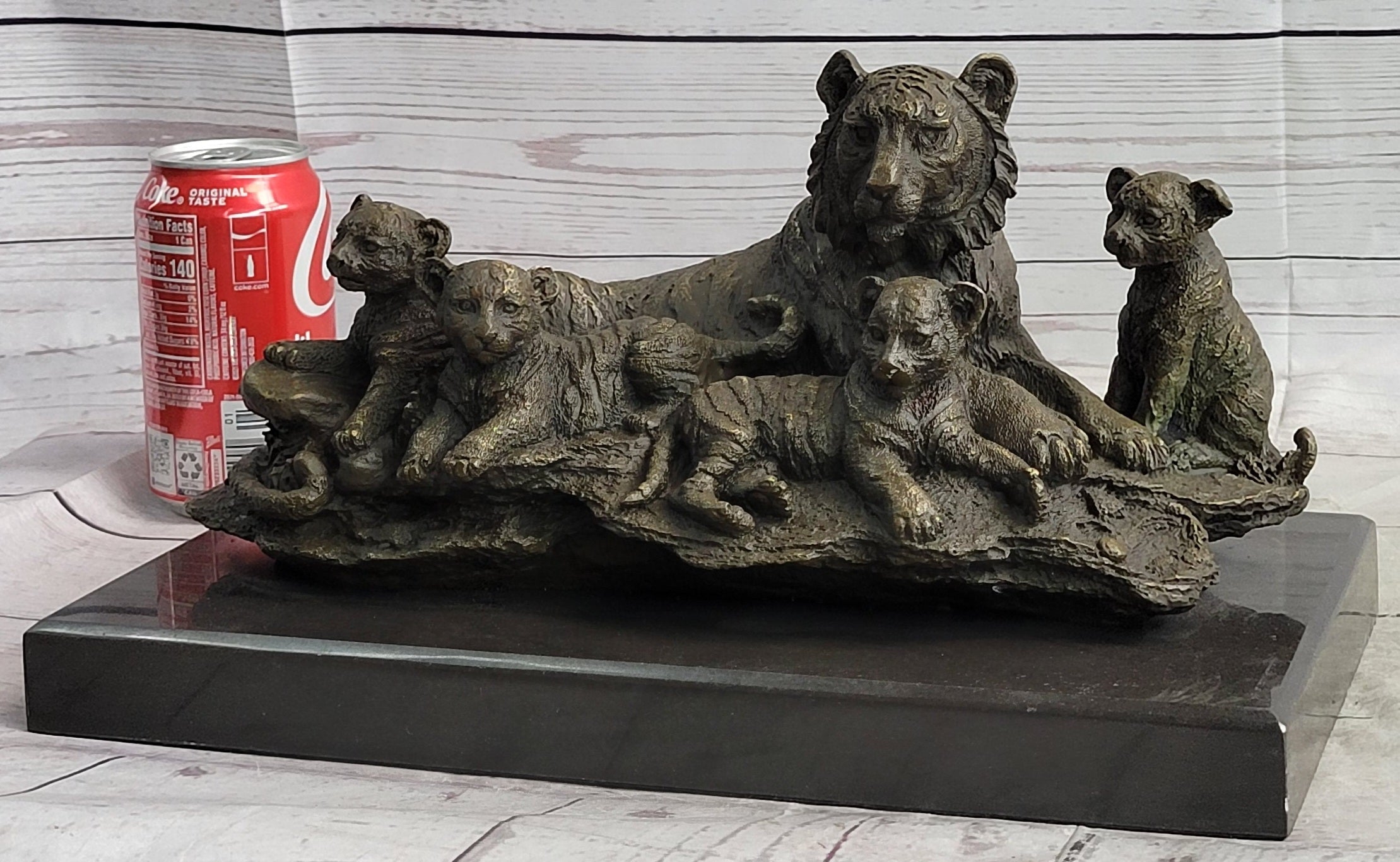 Tiger Family Cubs Asian Wildlife Bronze Sculpture Statue Figure Signed Art Marble Base