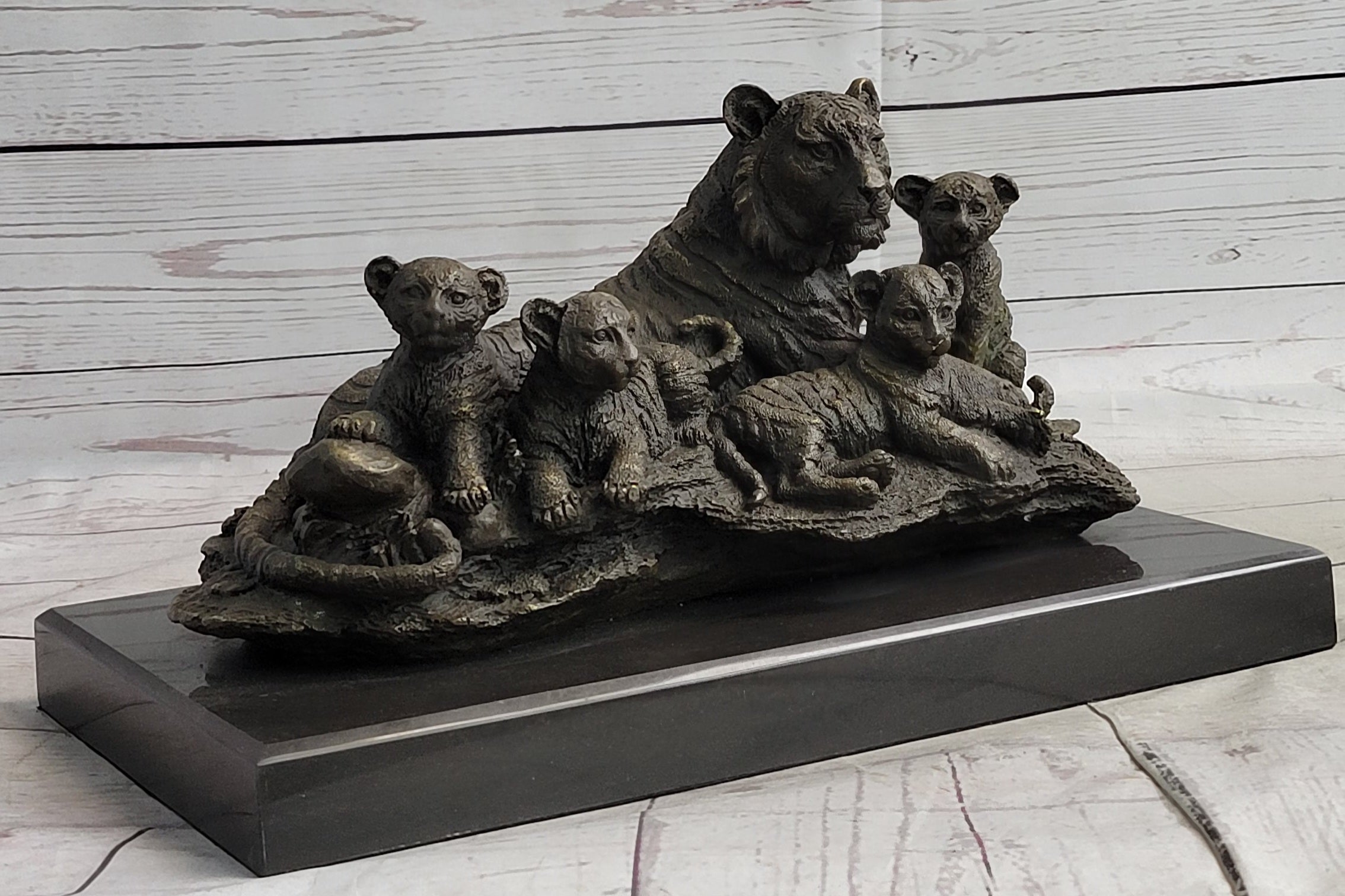 Tiger Family Cubs Asian Wildlife Bronze Sculpture Statue Figure Signed Art Marble Base