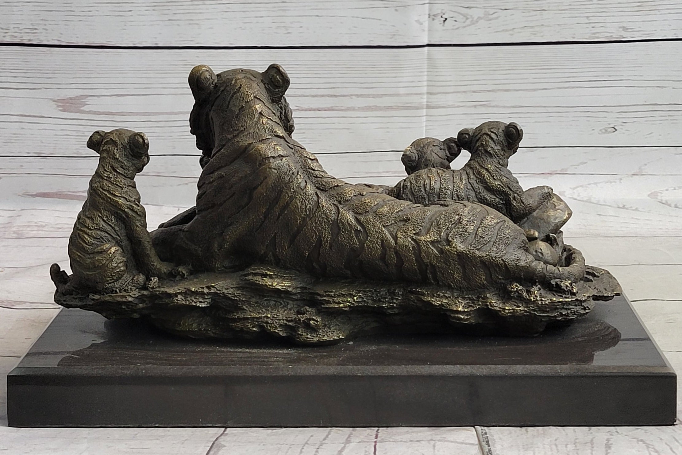 Tiger Family Cubs Asian Wildlife Bronze Sculpture Statue Figure Signed Art Marble Base