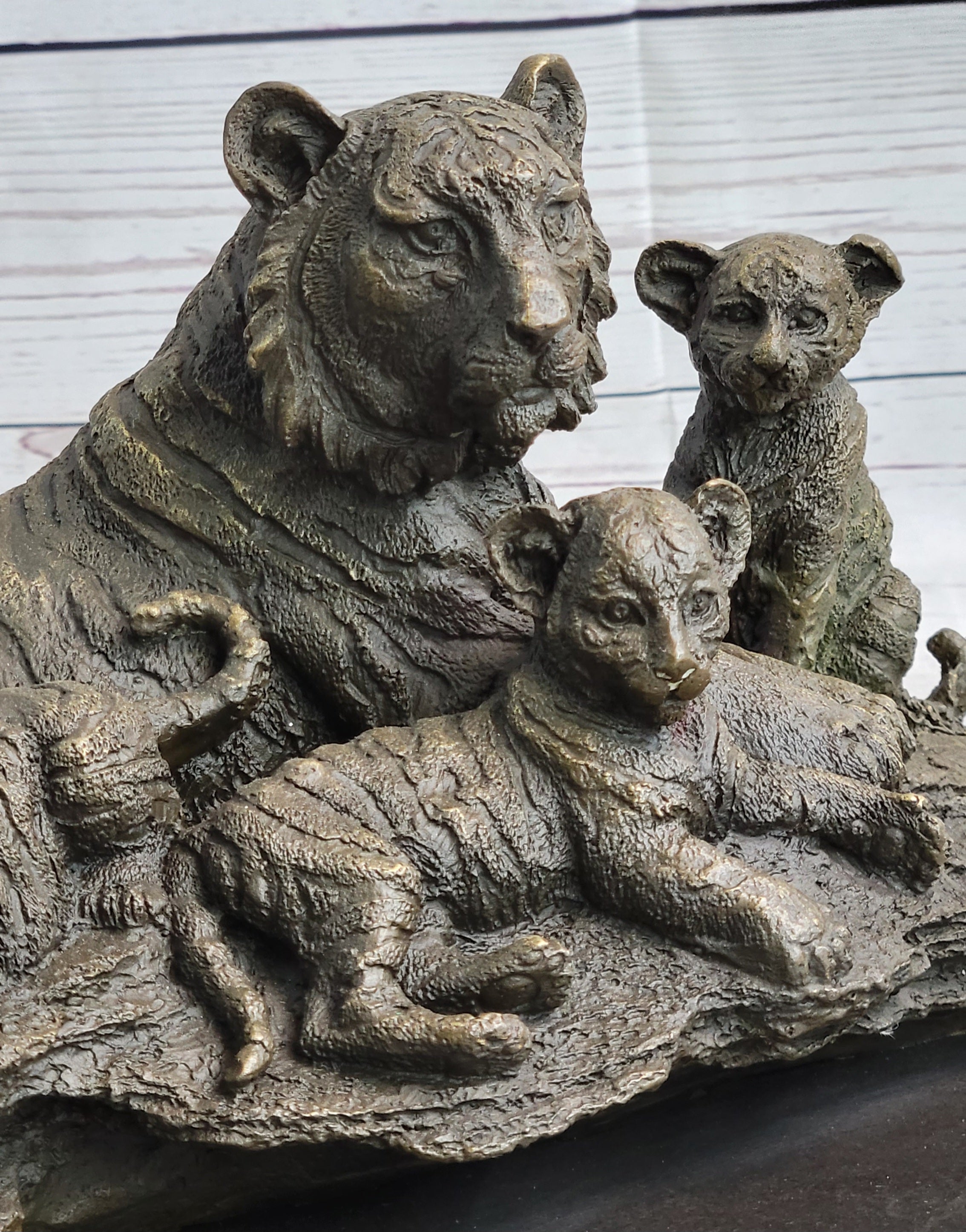Tiger Family Cubs Asian Wildlife Bronze Sculpture Statue Figure Signed Art Marble Base