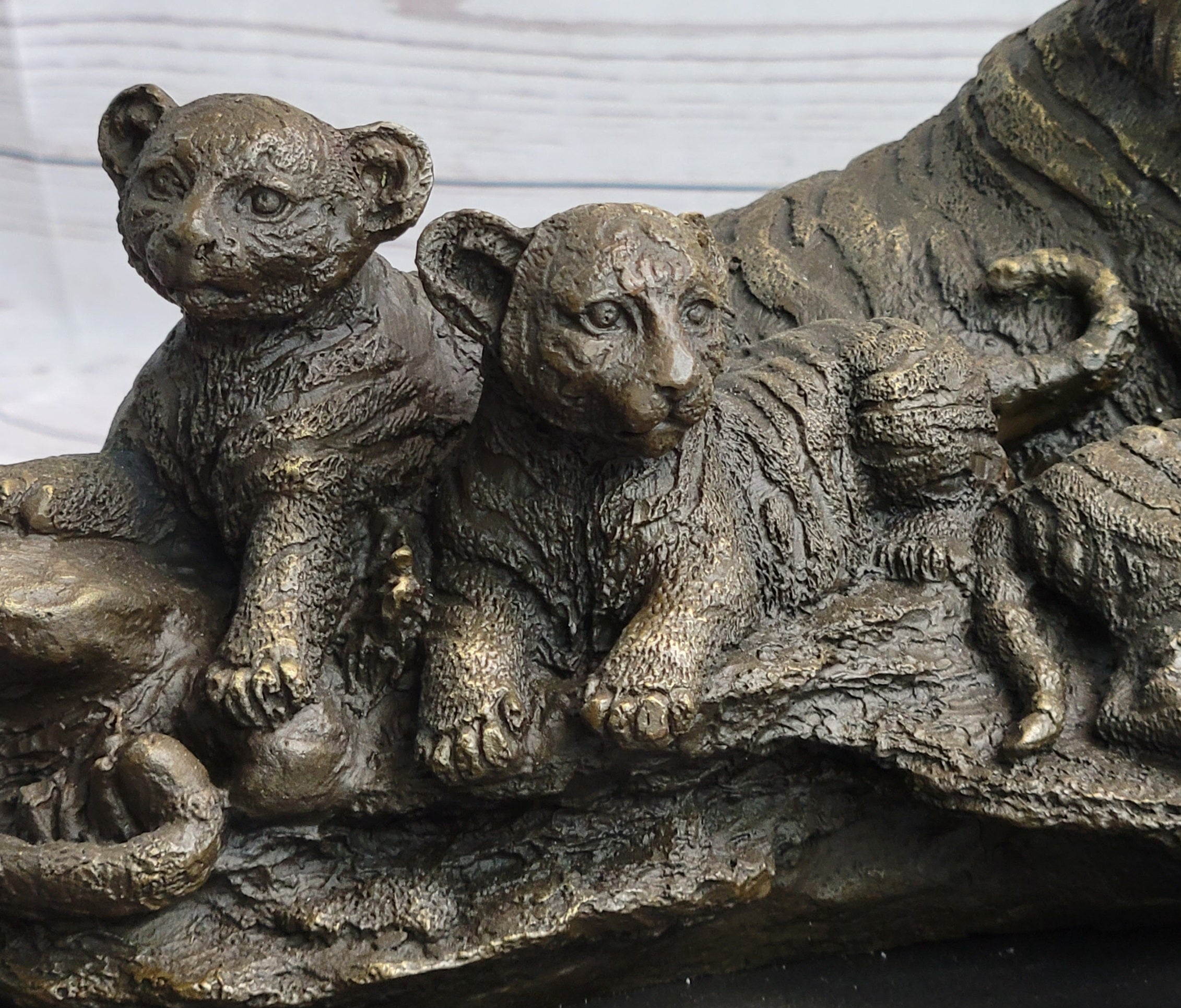 Tiger Family Cubs Asian Wildlife Bronze Sculpture Statue Figure Signed Art Marble Base