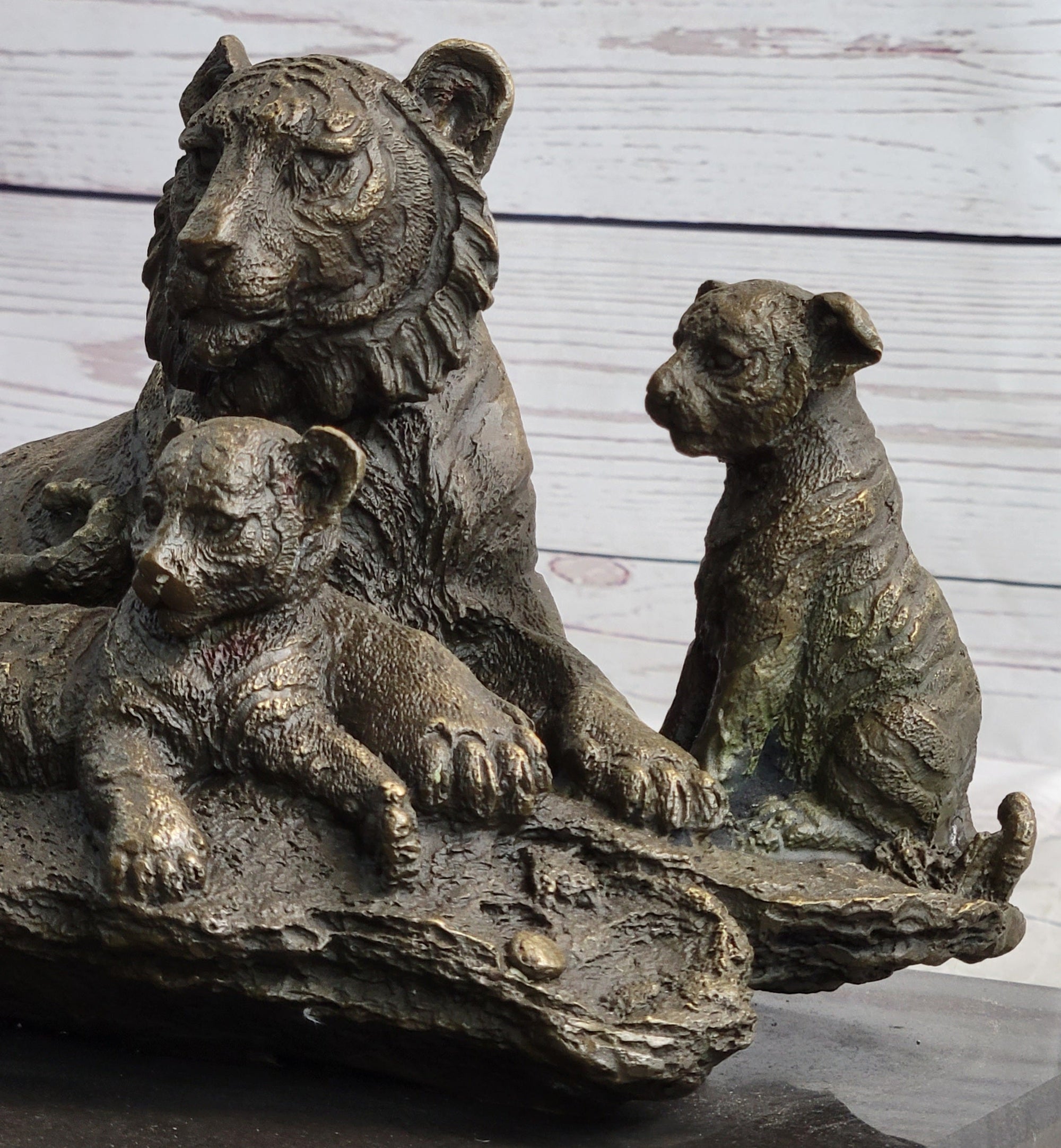 Tiger Family Cubs Asian Wildlife Bronze Sculpture Statue Figure Signed Art Marble Base
