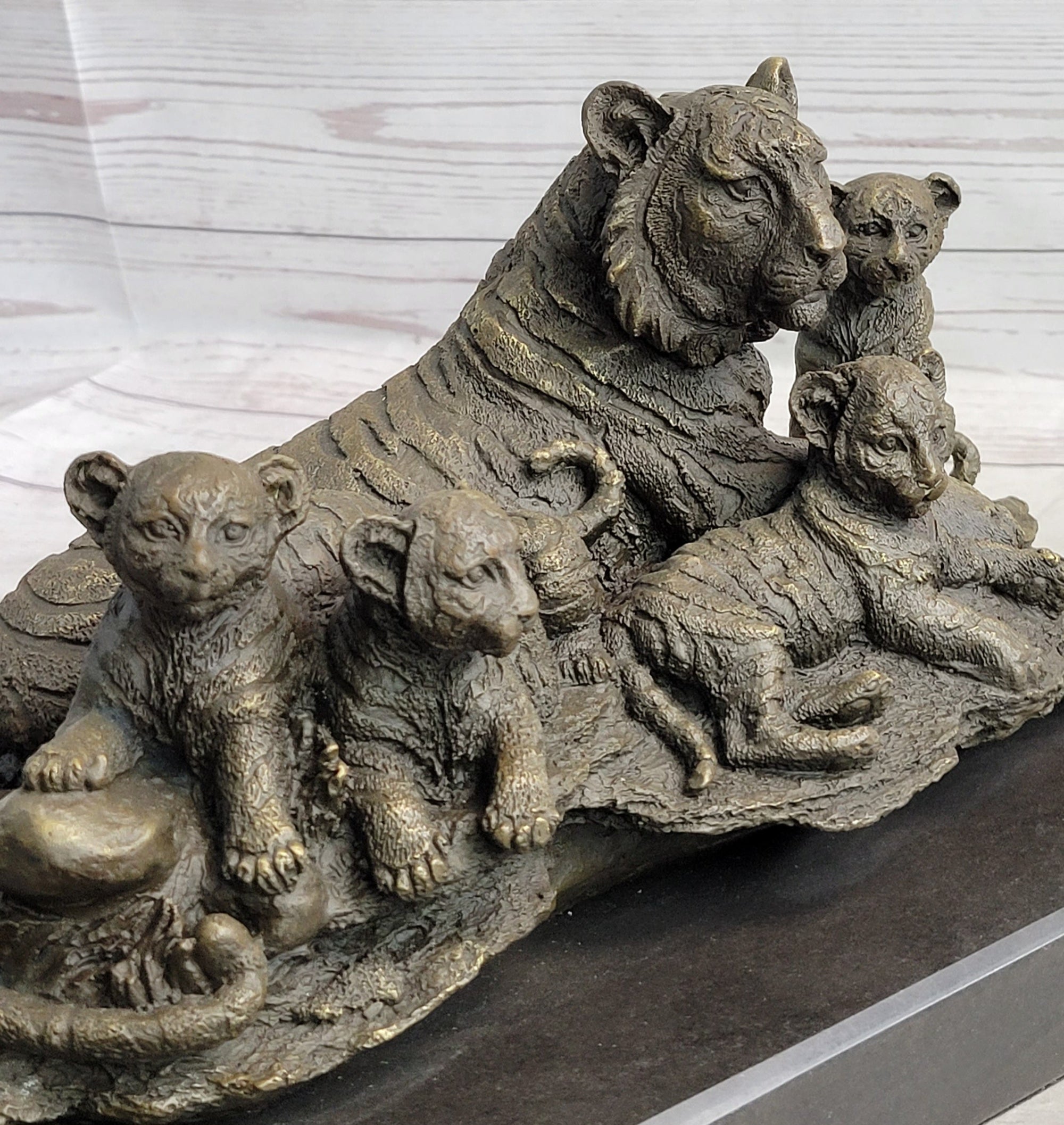 Tiger Family Cubs Asian Wildlife Bronze Sculpture Statue Figure Signed Art Marble Base