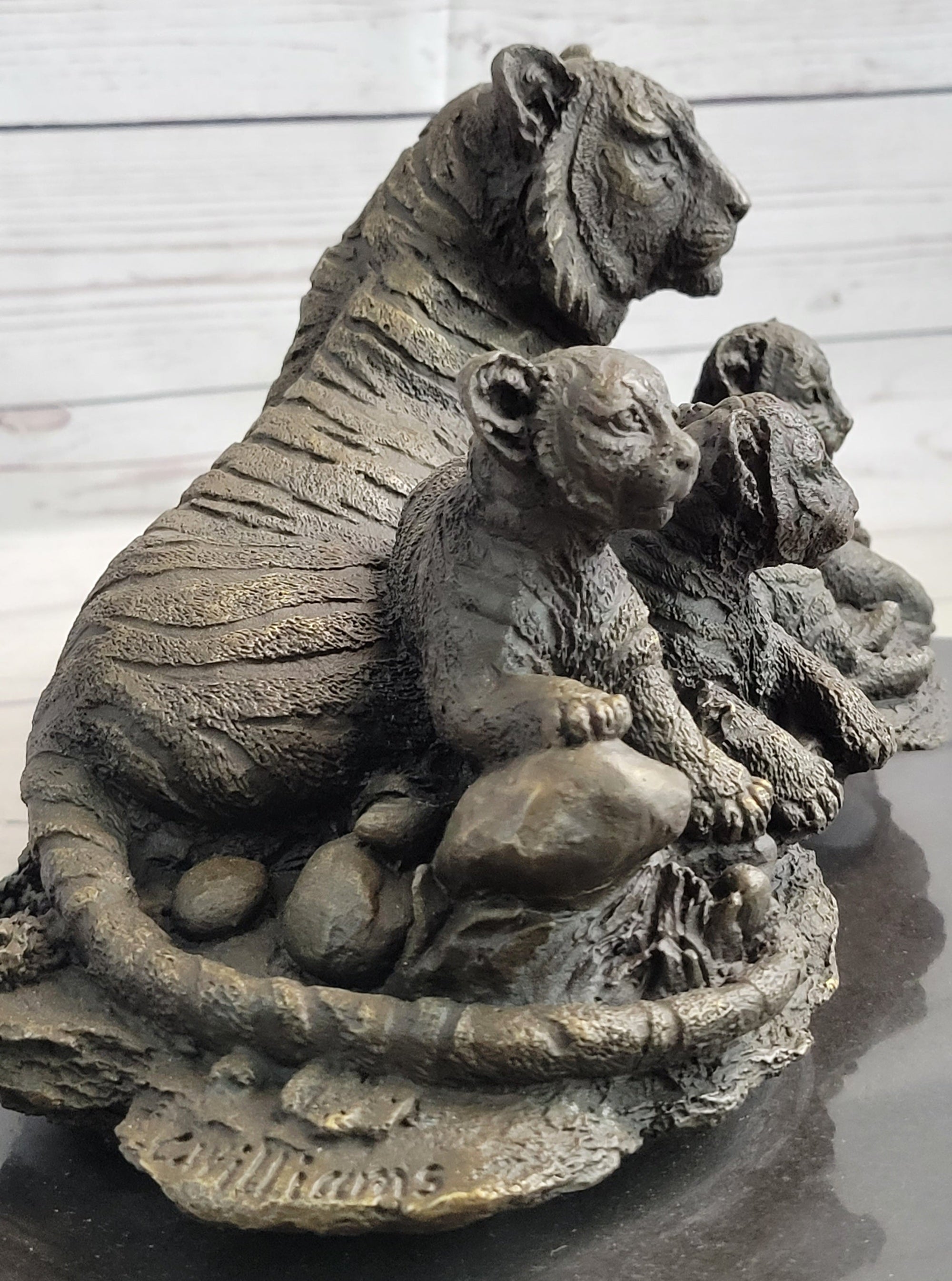Tiger Family Cubs Asian Wildlife Bronze Sculpture Statue Figure Signed Art Marble Base