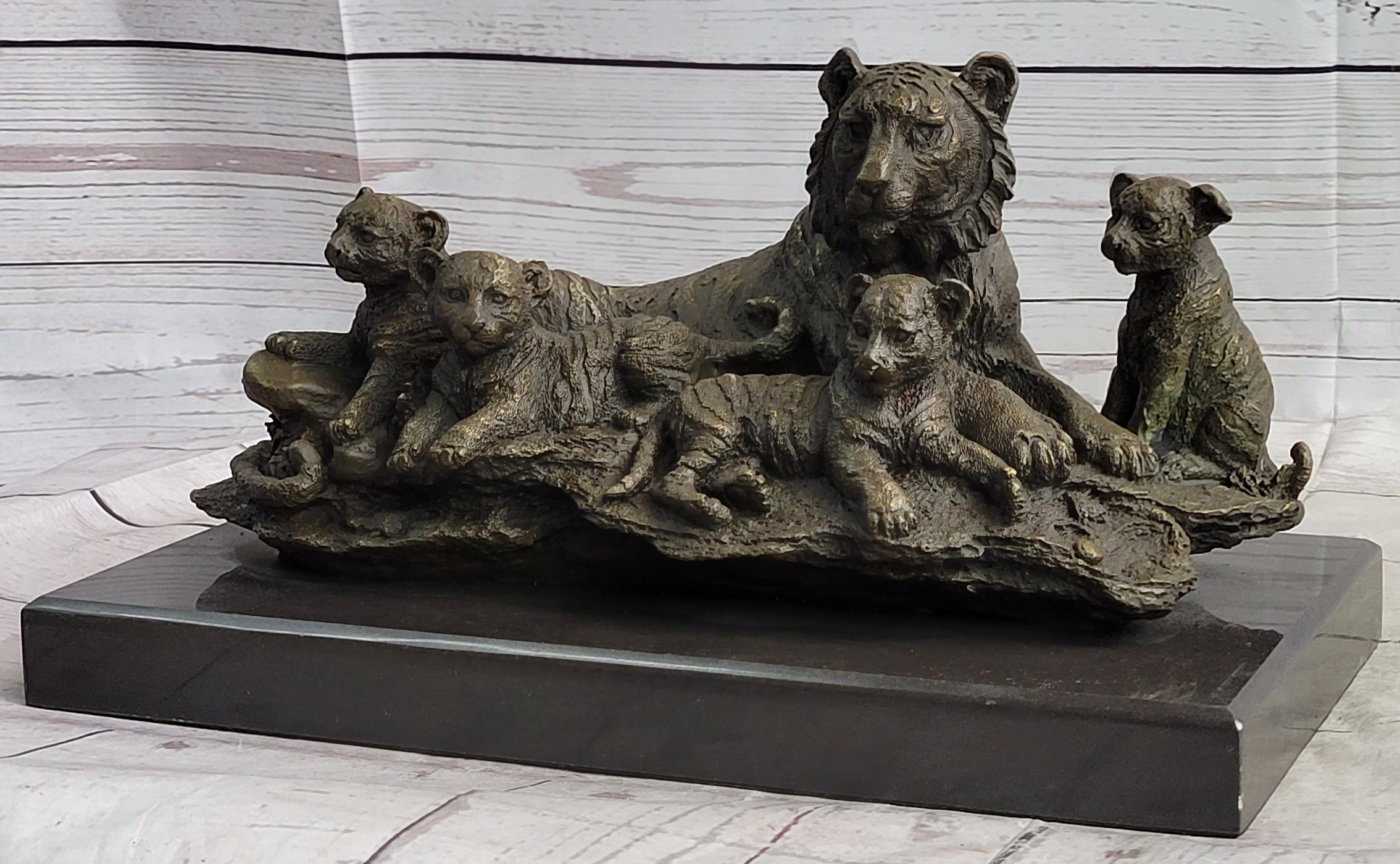 Tiger Family Cubs Asian Wildlife Bronze Sculpture Statue Figure Signed Art Marble Base