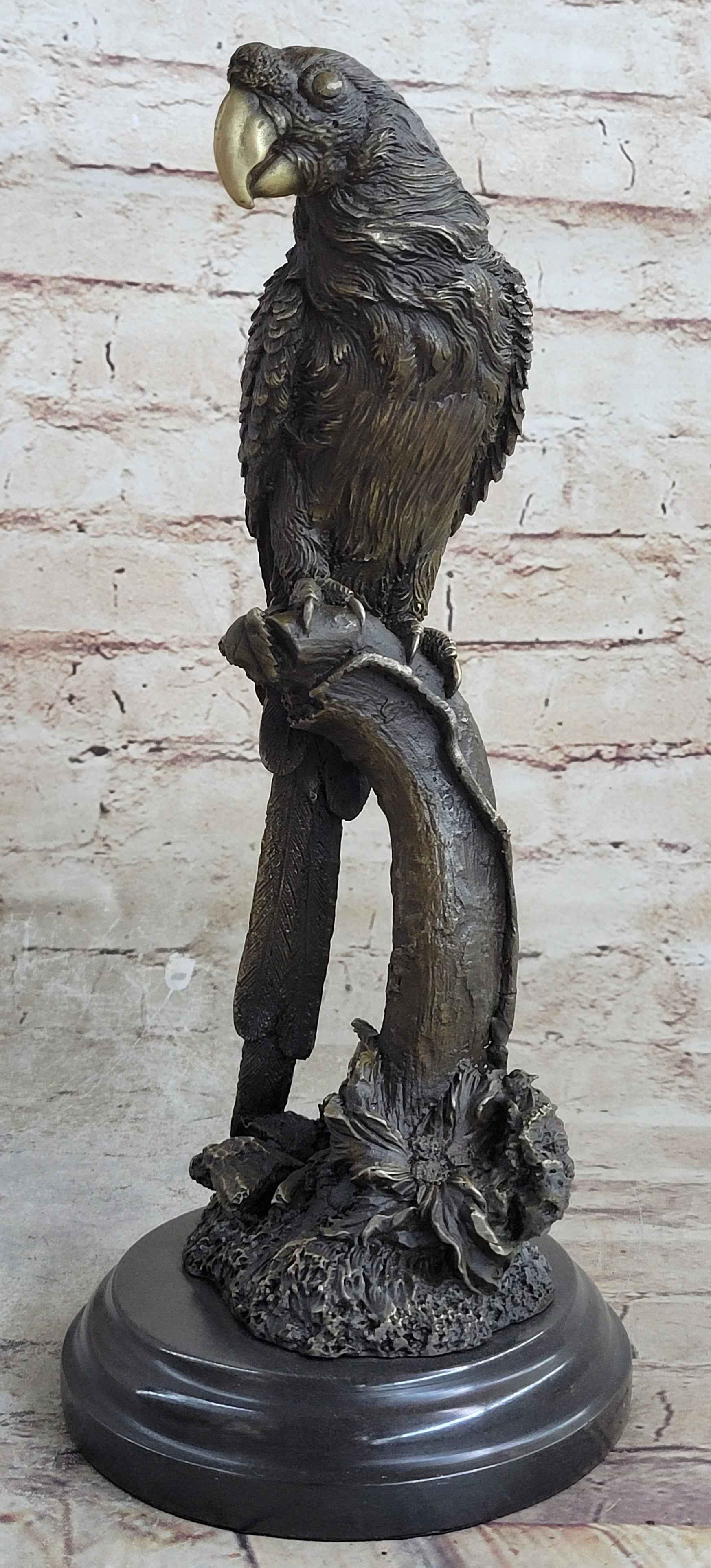 Parrot Bird Bronze Statue Sculpture Figure on Marble Base Signed Original 13" x 7"