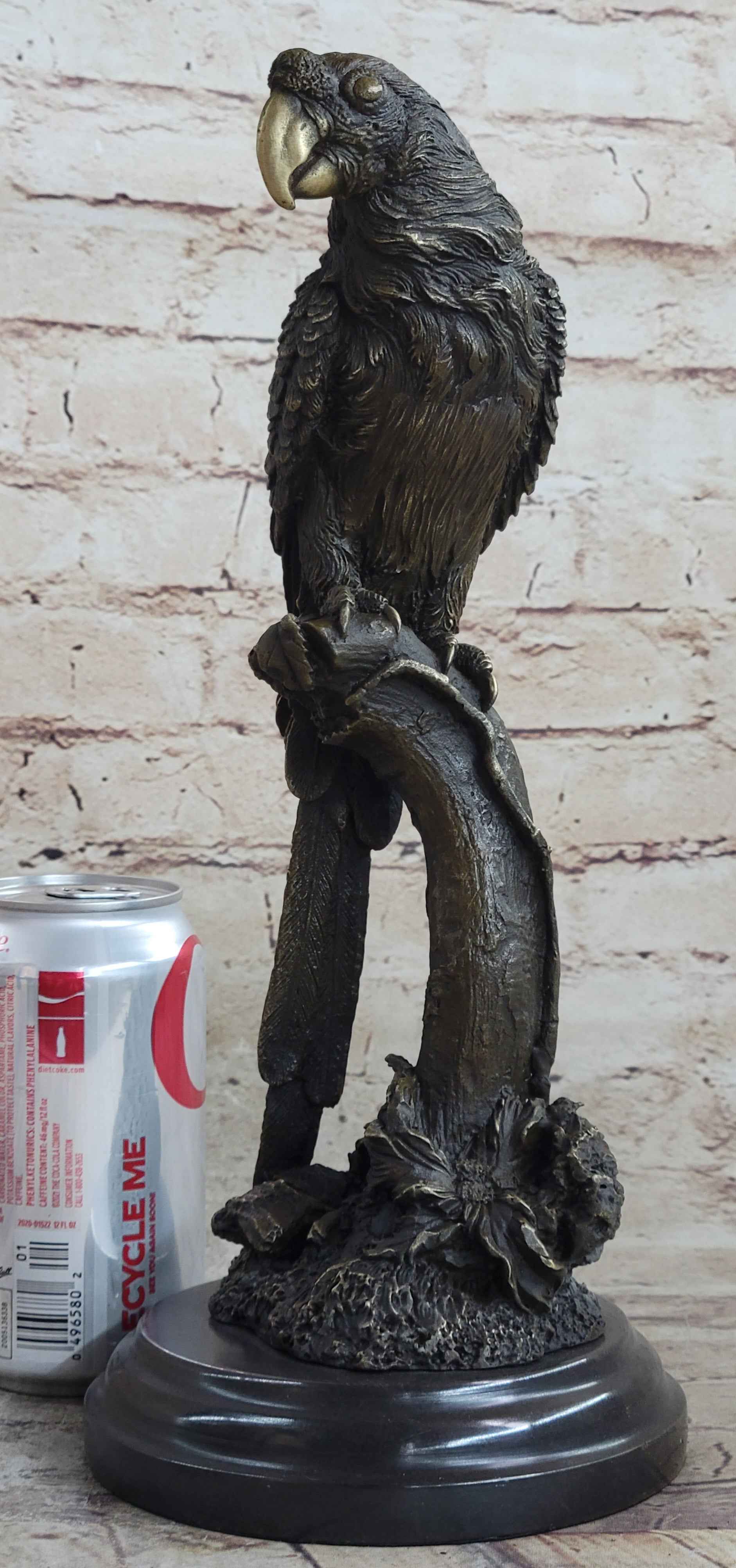 Parrot Bird Bronze Statue Sculpture Figure on Marble Base Signed Original 13" x 7"