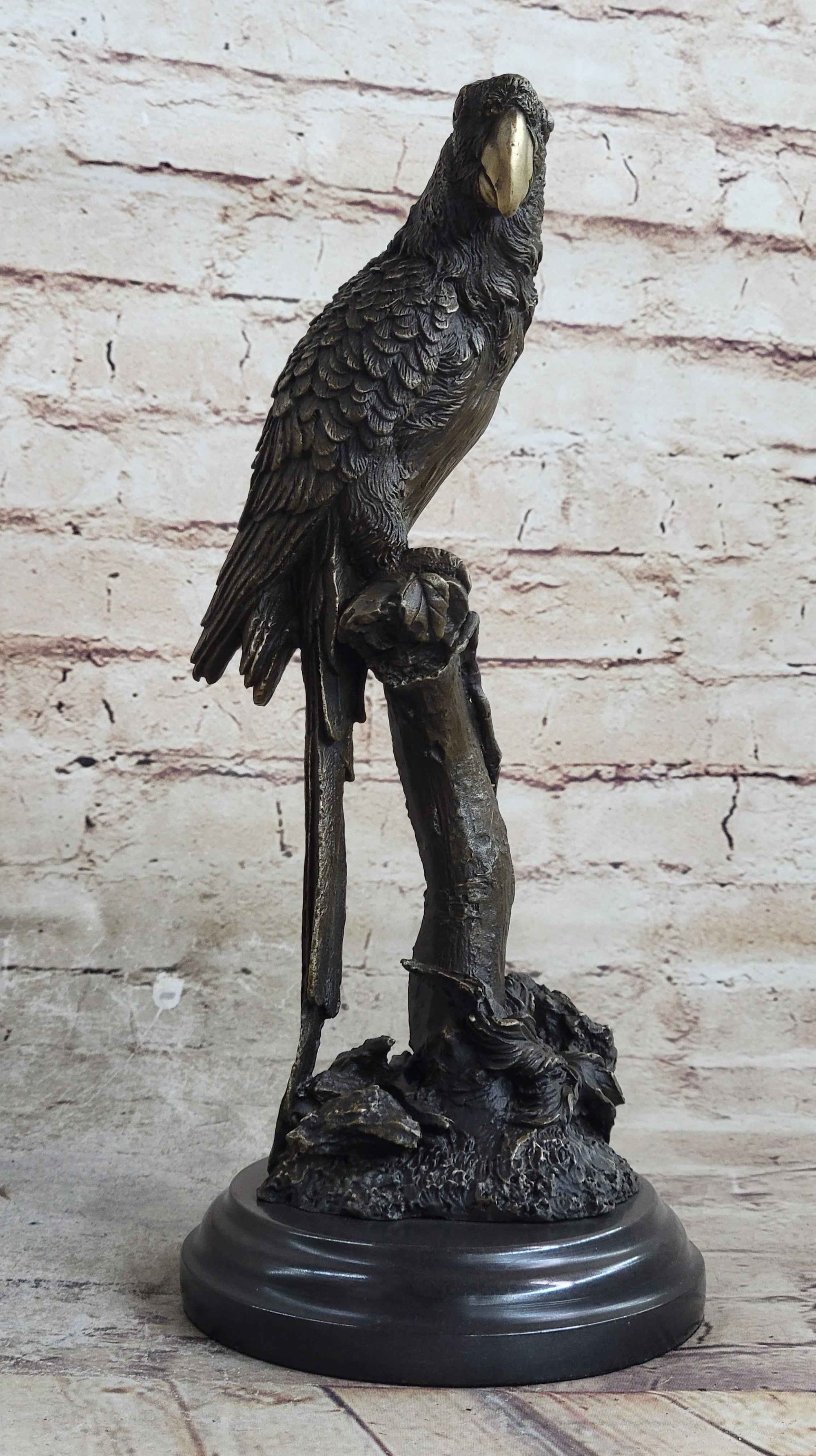 Parrot Bird Bronze Statue Sculpture Figure on Marble Base Signed Original 13" x 7"