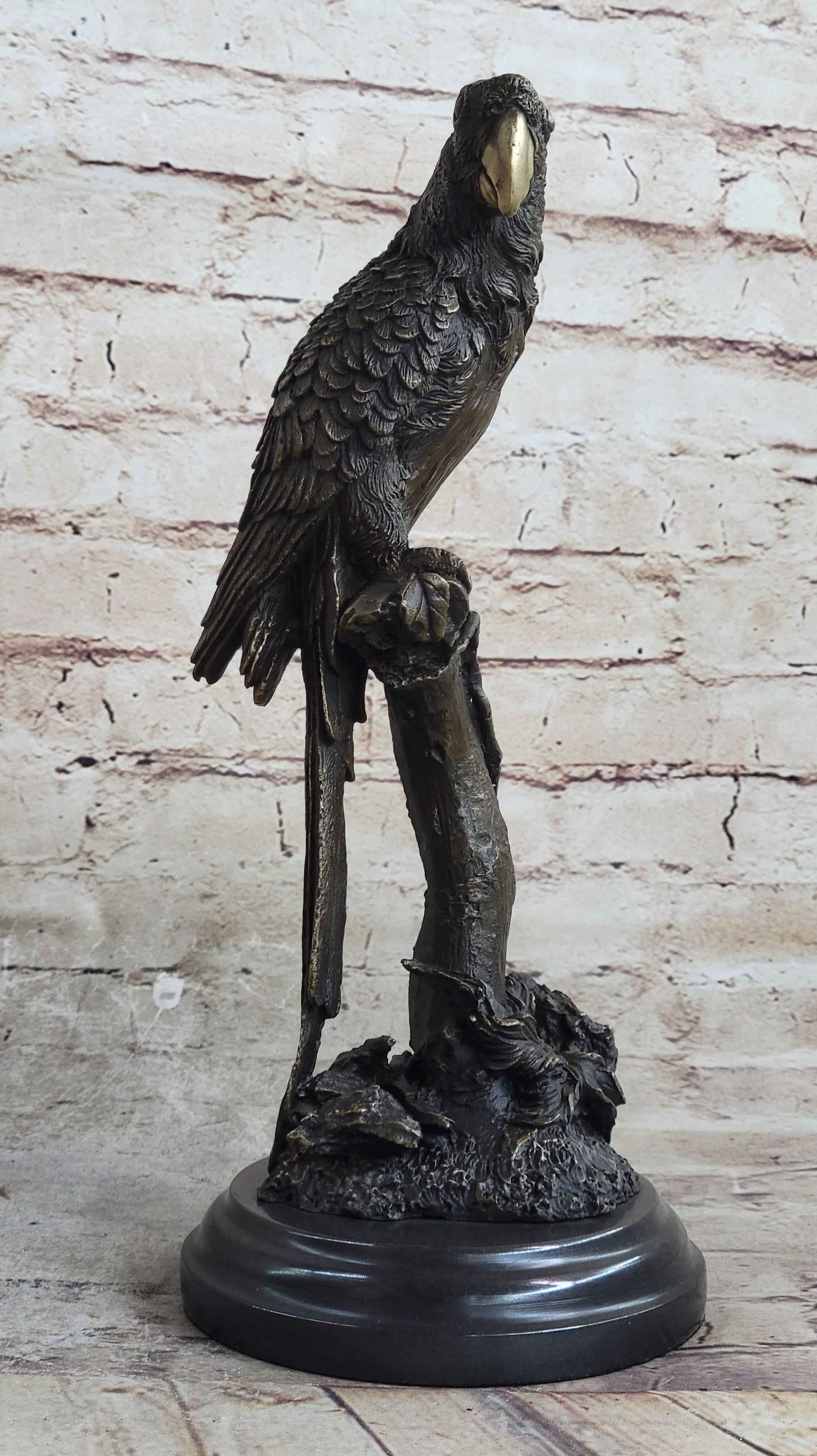 Parrot Bird Bronze Statue Sculpture Figure on Marble Base Signed Original 13" x 7"