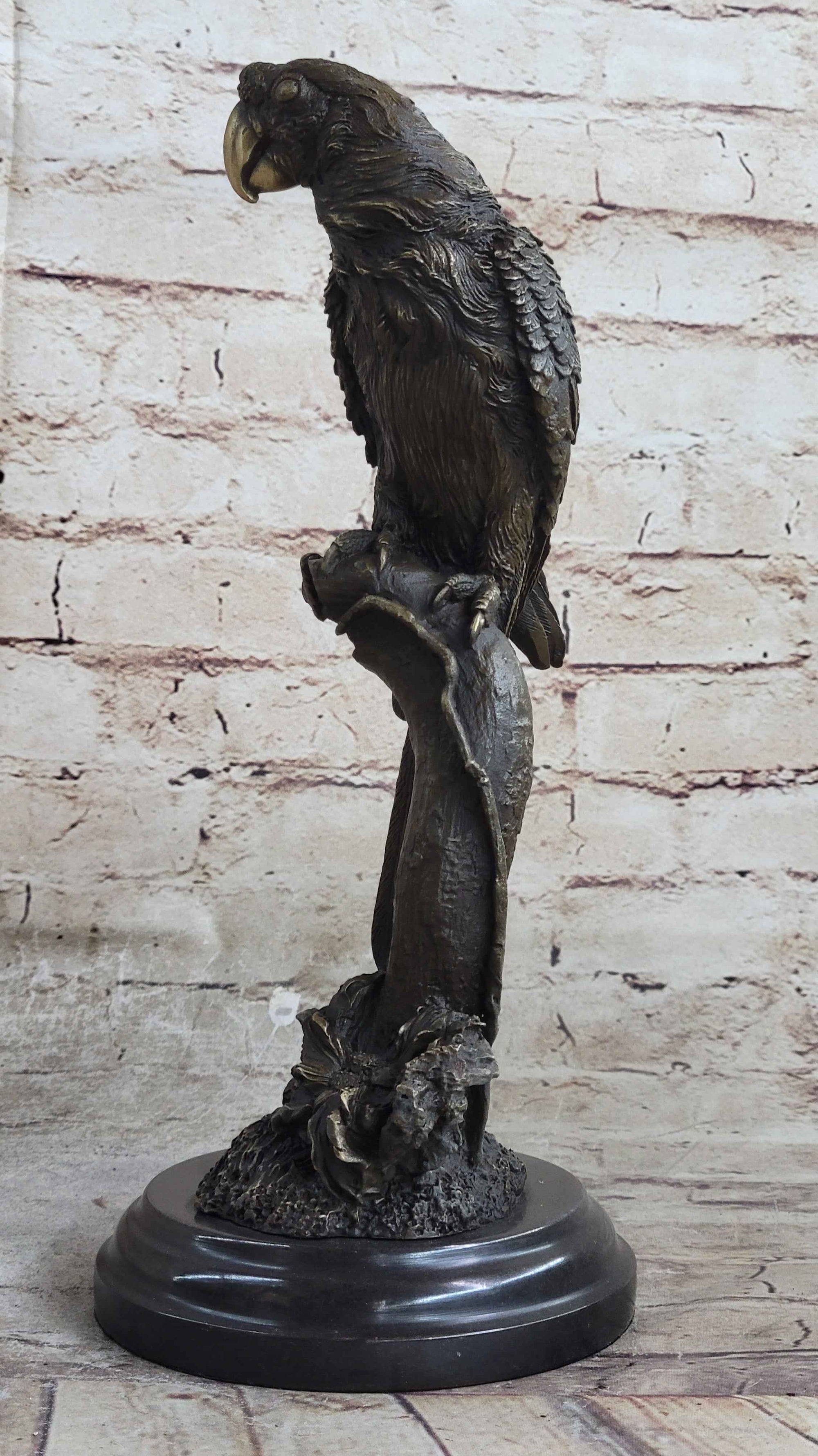 Parrot Bird Bronze Statue Sculpture Figure on Marble Base Signed Original 13" x 7"