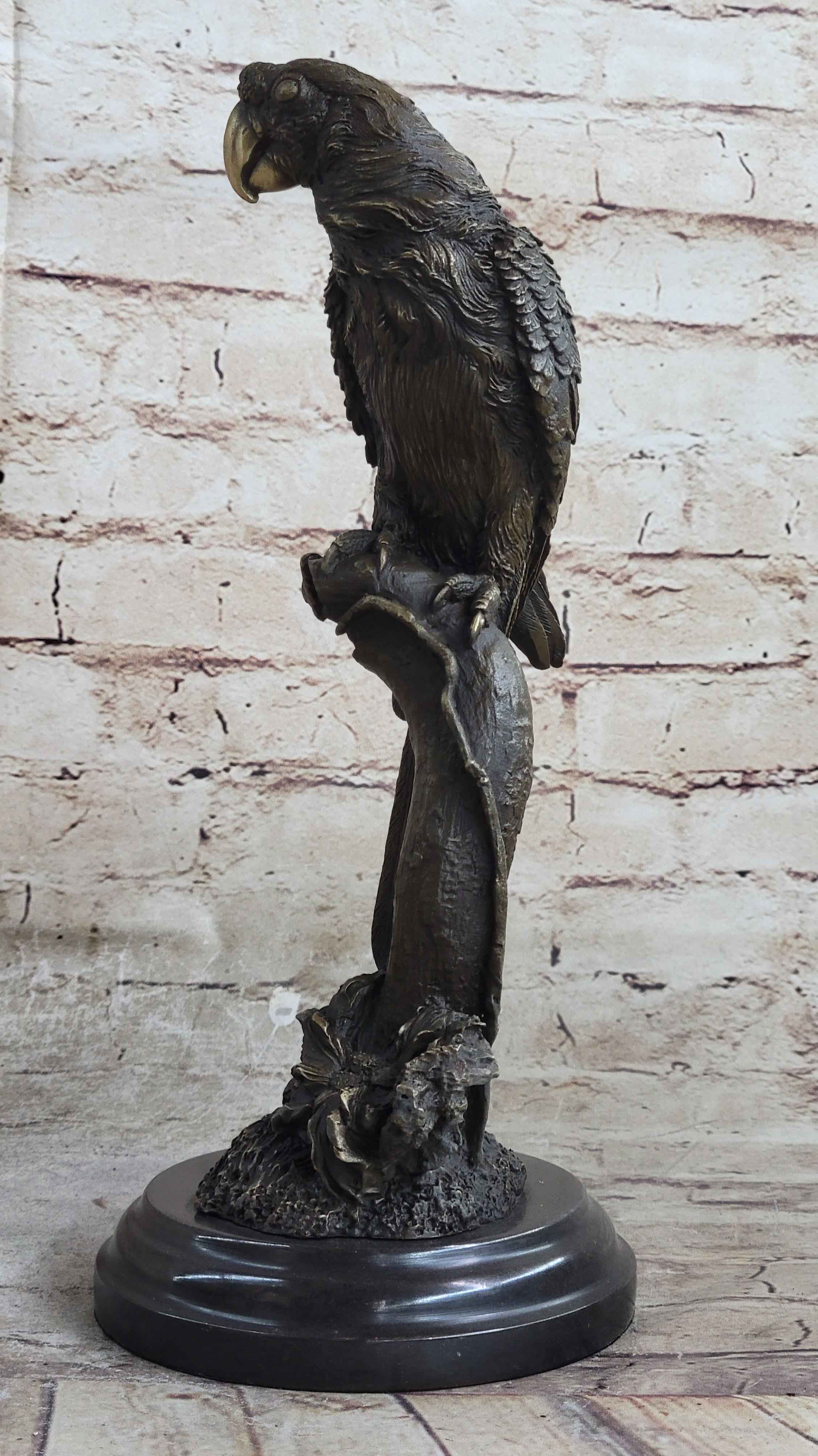 Parrot Bird Bronze Statue Sculpture Figure on Marble Base Signed Original 13" x 7"