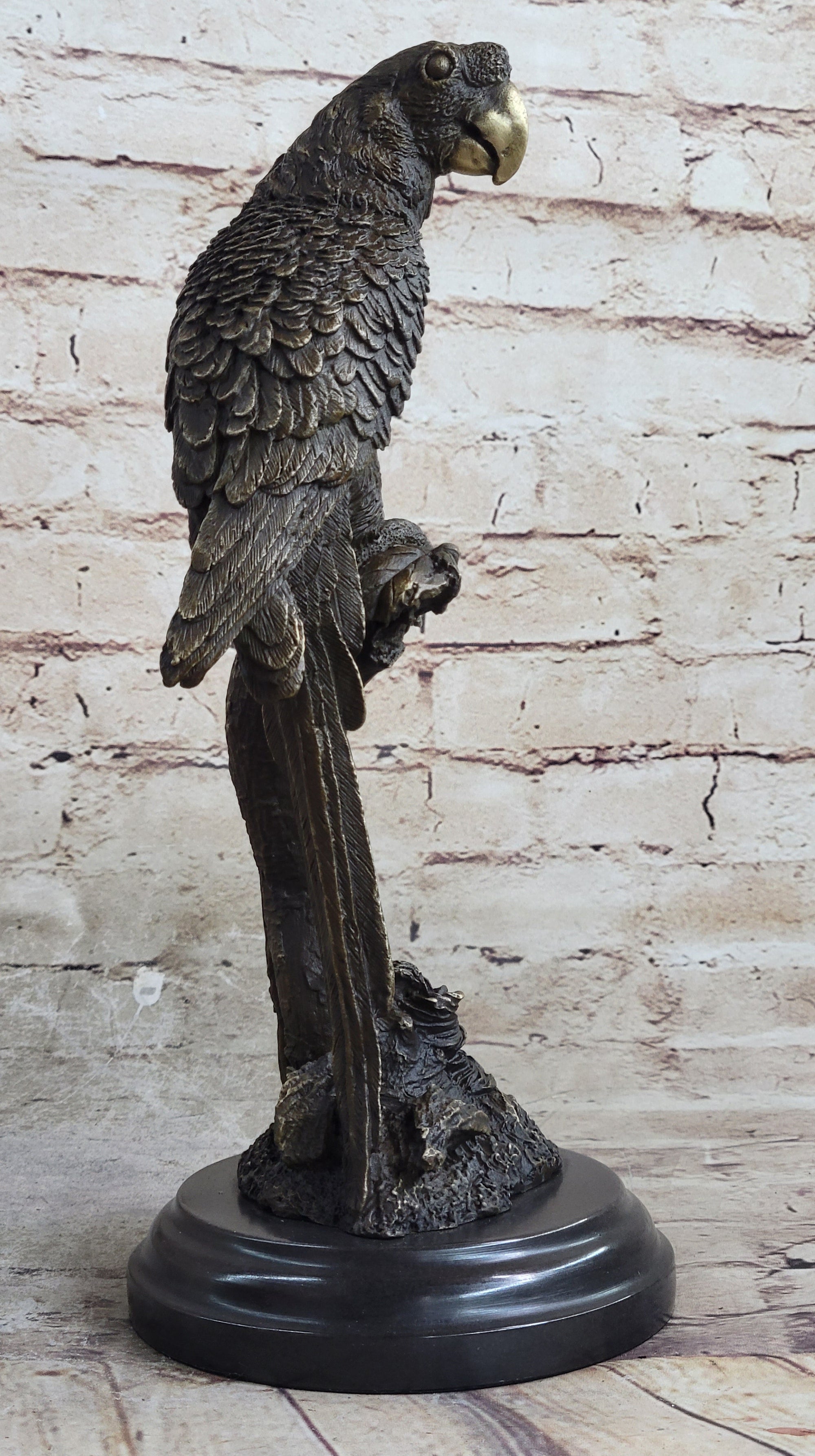 Parrot Bird Bronze Statue Sculpture Figure on Marble Base Signed Original 13" x 7"