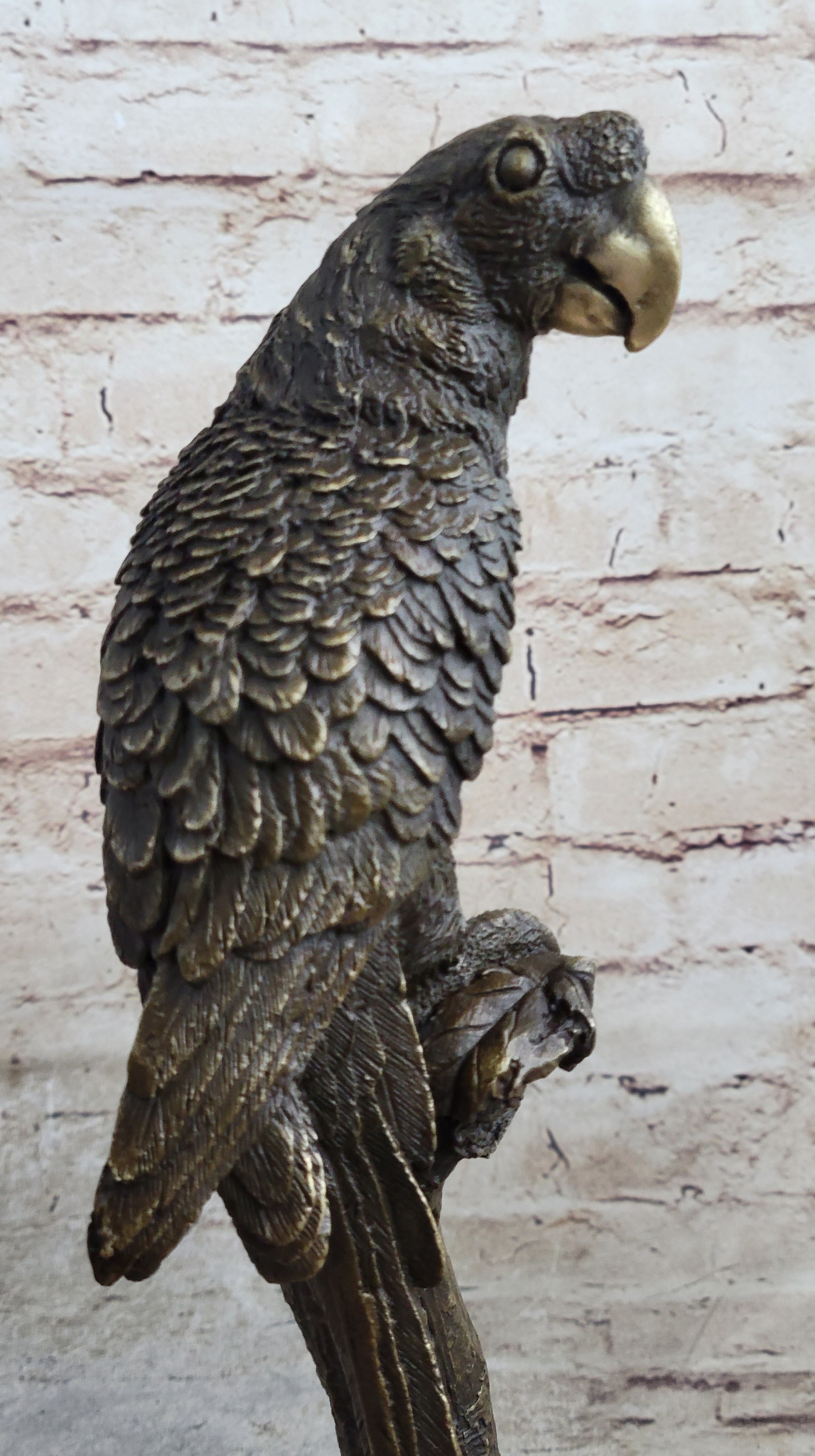 Parrot Bird Bronze Statue Sculpture Figure on Marble Base Signed Original 13" x 7"