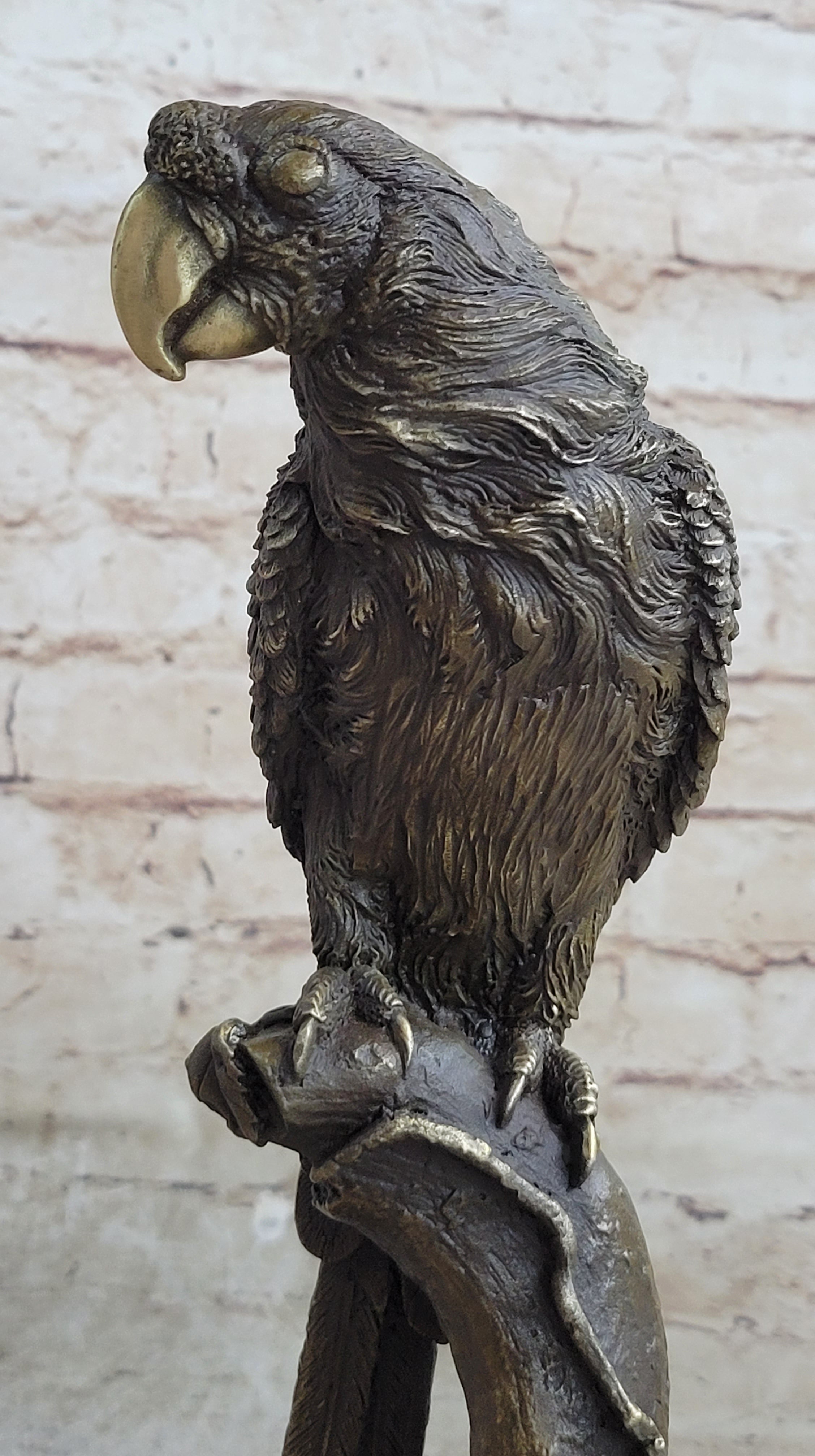 Parrot Bird Bronze Statue Sculpture Figure on Marble Base Signed Original 13" x 7"