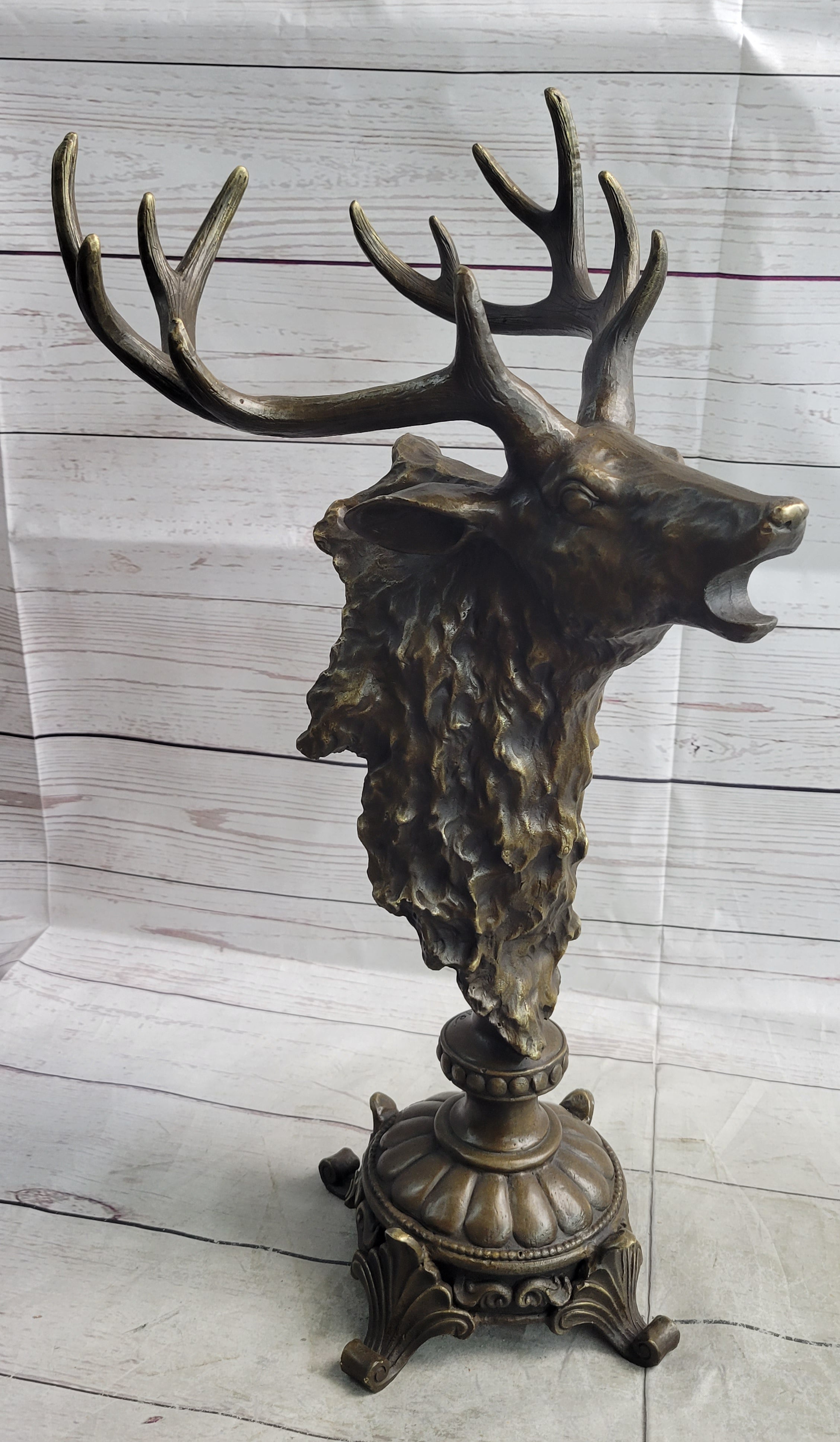 Elk Reindeer Caribou Stag Antlers Buck Bronze Bust Sculpture Statue Cabin Decor