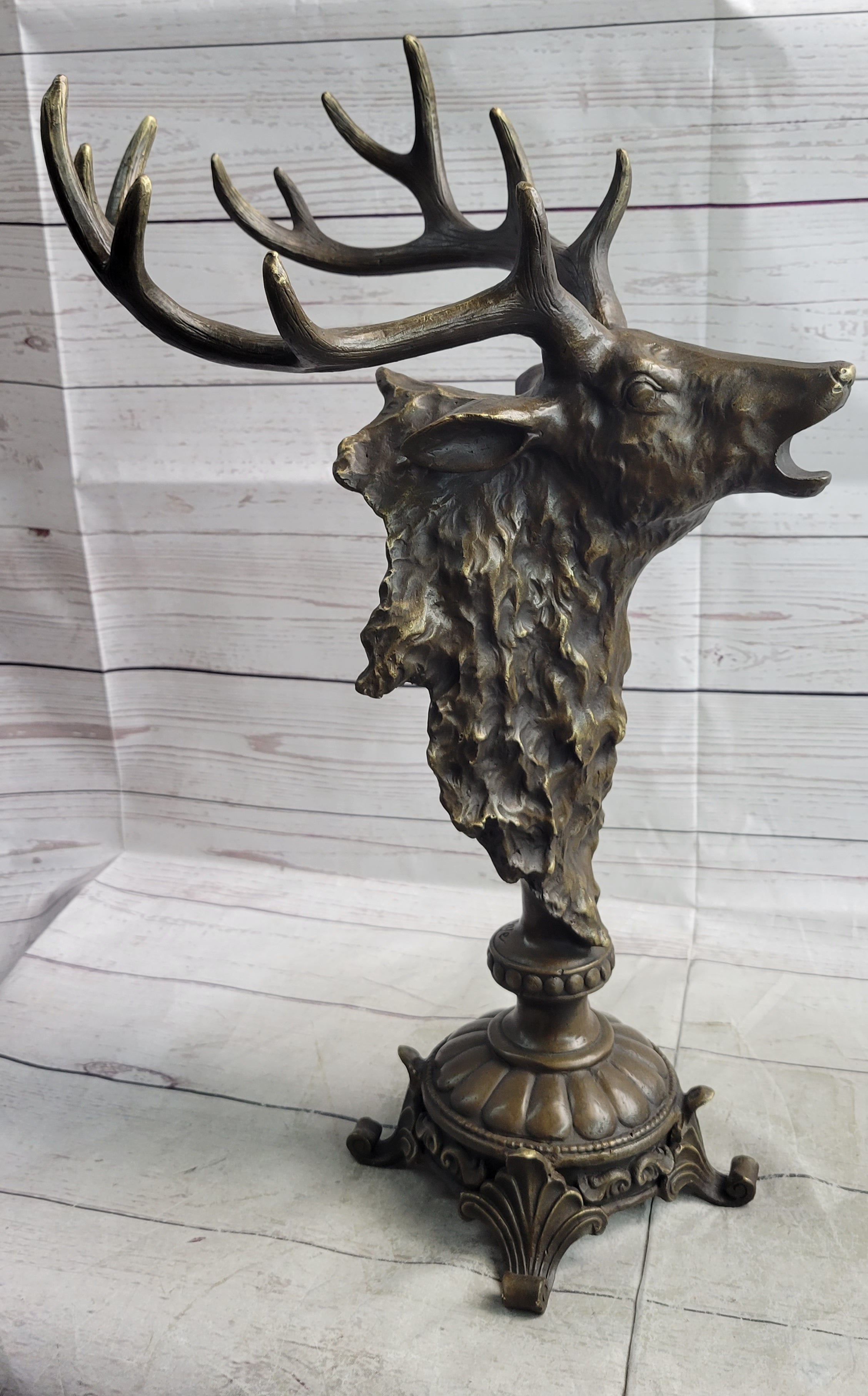Elk Reindeer Caribou Stag Antlers Buck Bronze Bust Sculpture Statue Cabin Decor
