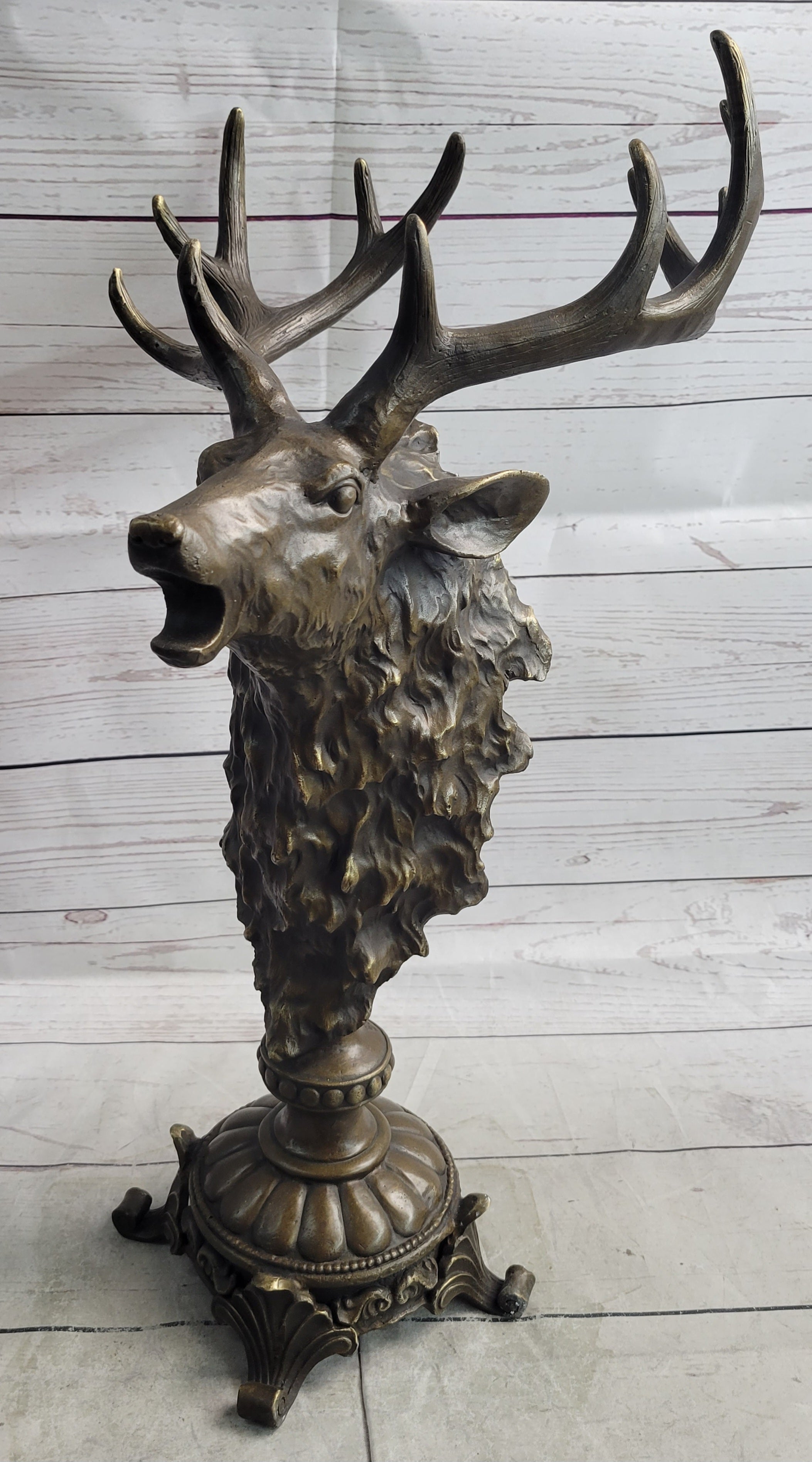 Elk Reindeer Caribou Stag Antlers Buck Bronze Bust Sculpture Statue Cabin Decor