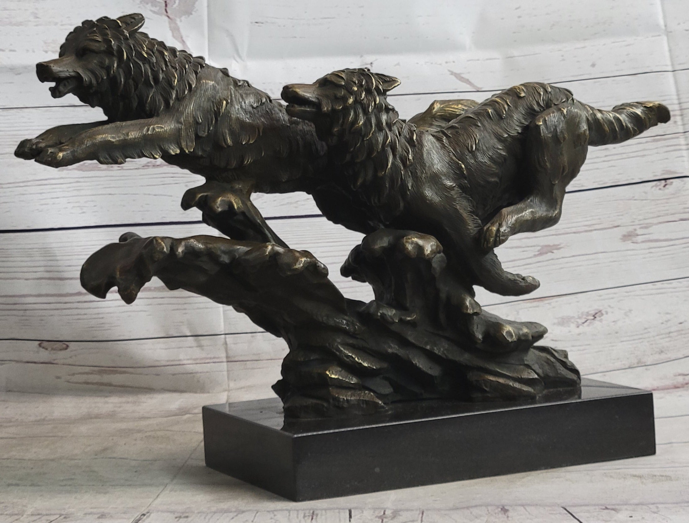 Running Wolves Dogs Wildlife Bronze Sculpture Statue Decor Signed Original Art