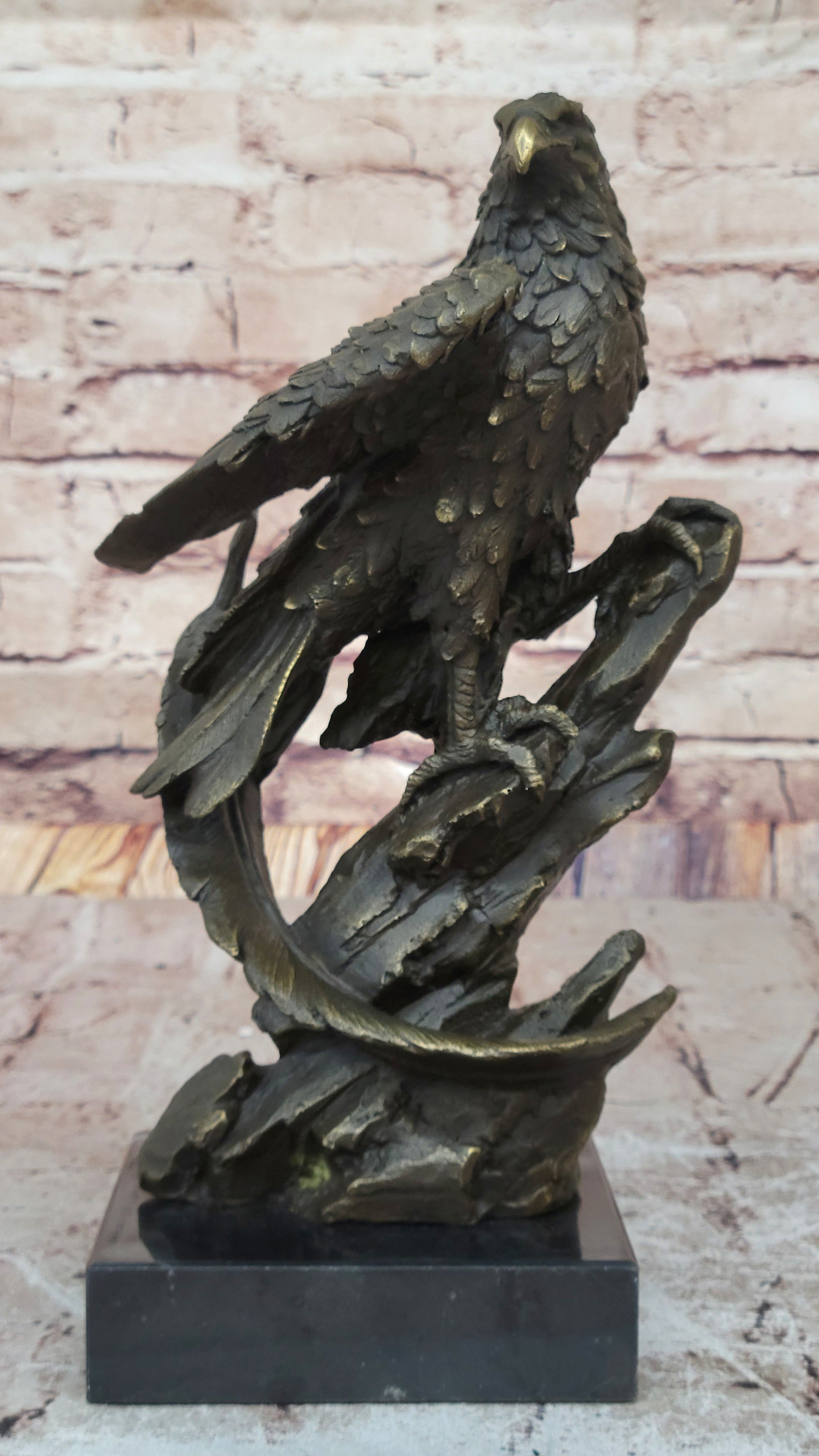 Regal Bronze Eagle Sculpture; Majestic Bird of Prey on Marble Base