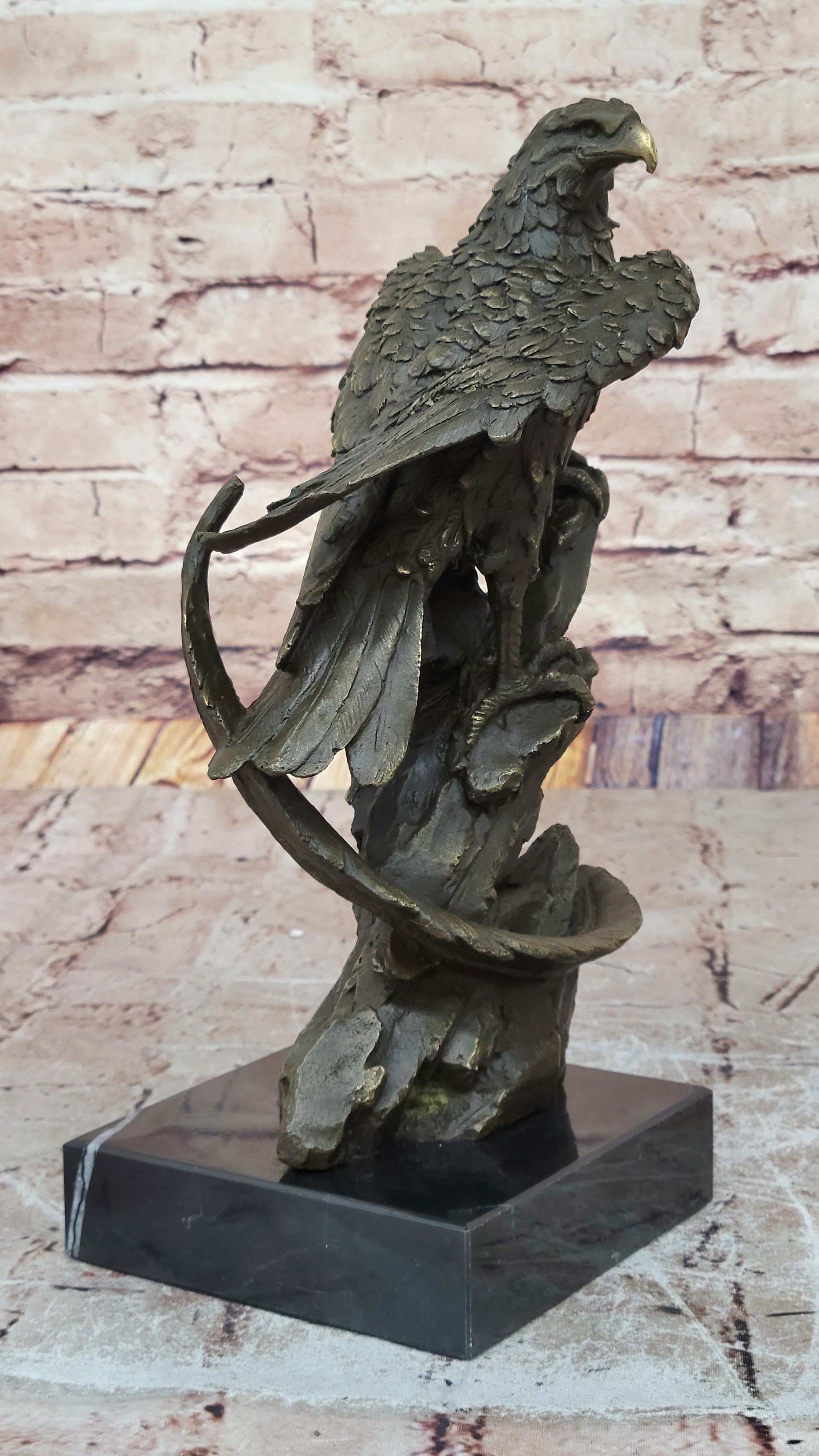 Regal Bronze Eagle Sculpture; Majestic Bird of Prey on Marble Base
