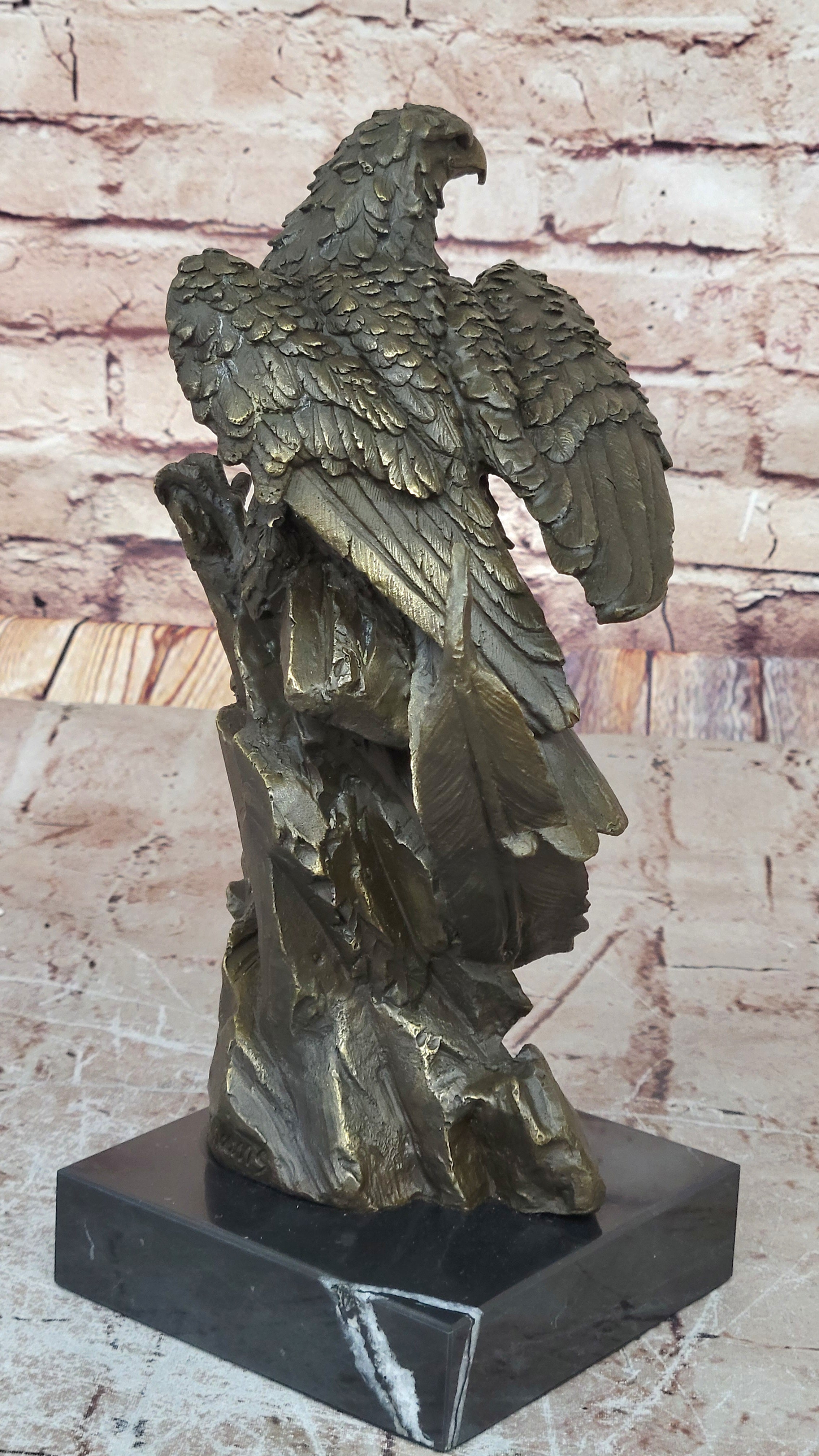 Regal Bronze Eagle Sculpture; Majestic Bird of Prey on Marble Base
