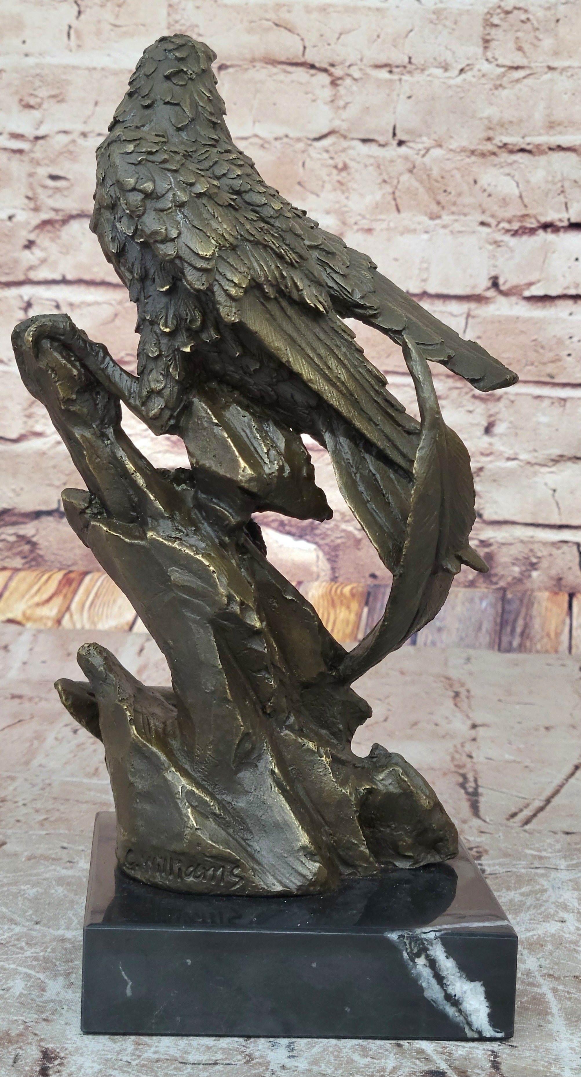 Regal Bronze Eagle Sculpture; Majestic Bird of Prey on Marble Base
