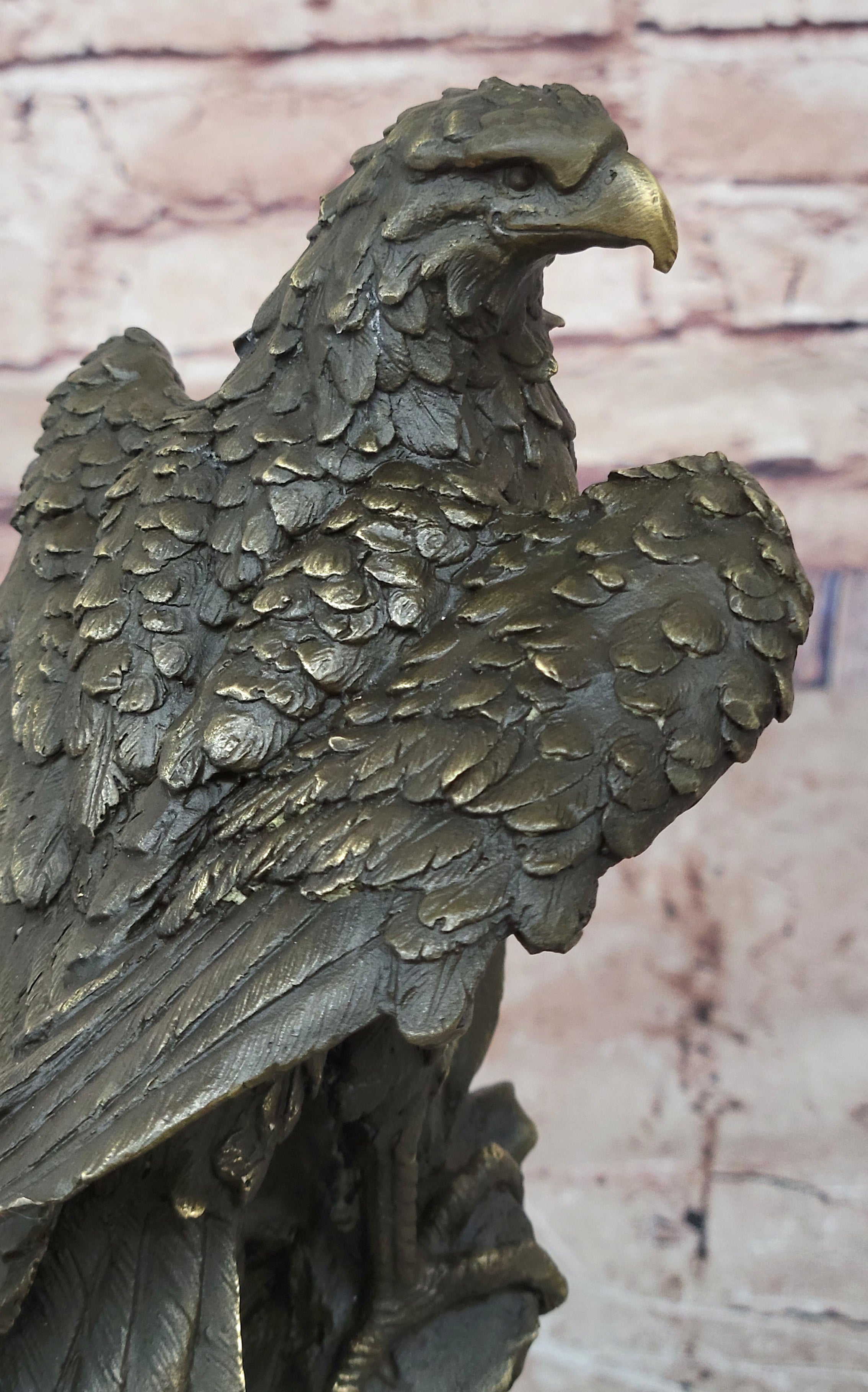 Regal Bronze Eagle Sculpture; Majestic Bird of Prey on Marble Base