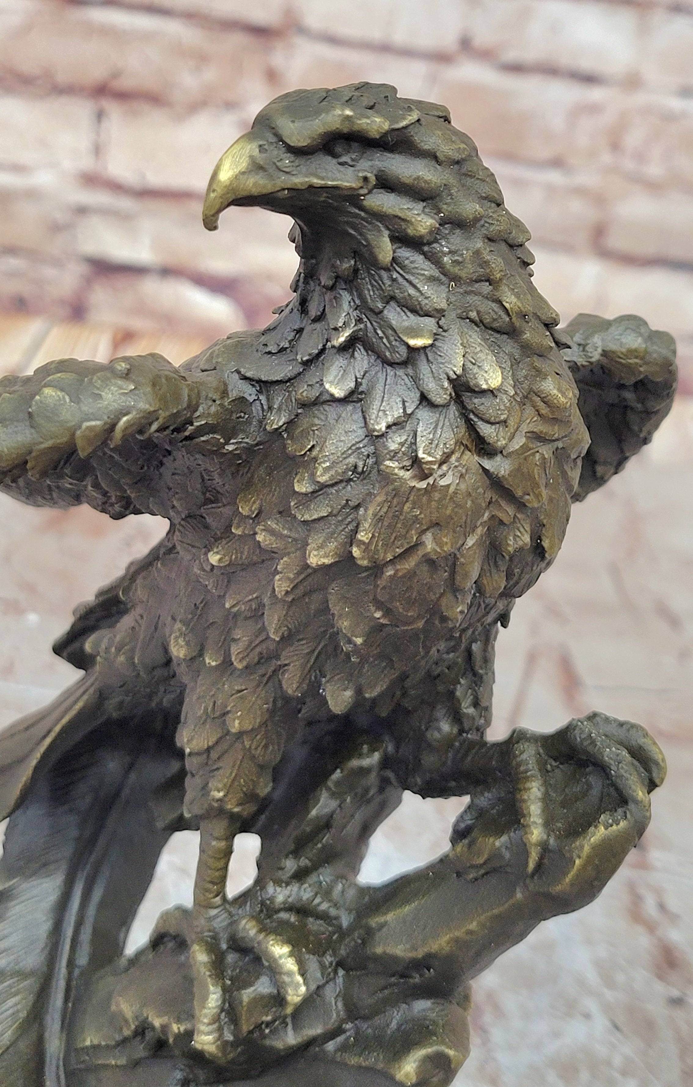 Regal Bronze Eagle Sculpture; Majestic Bird of Prey on Marble Base