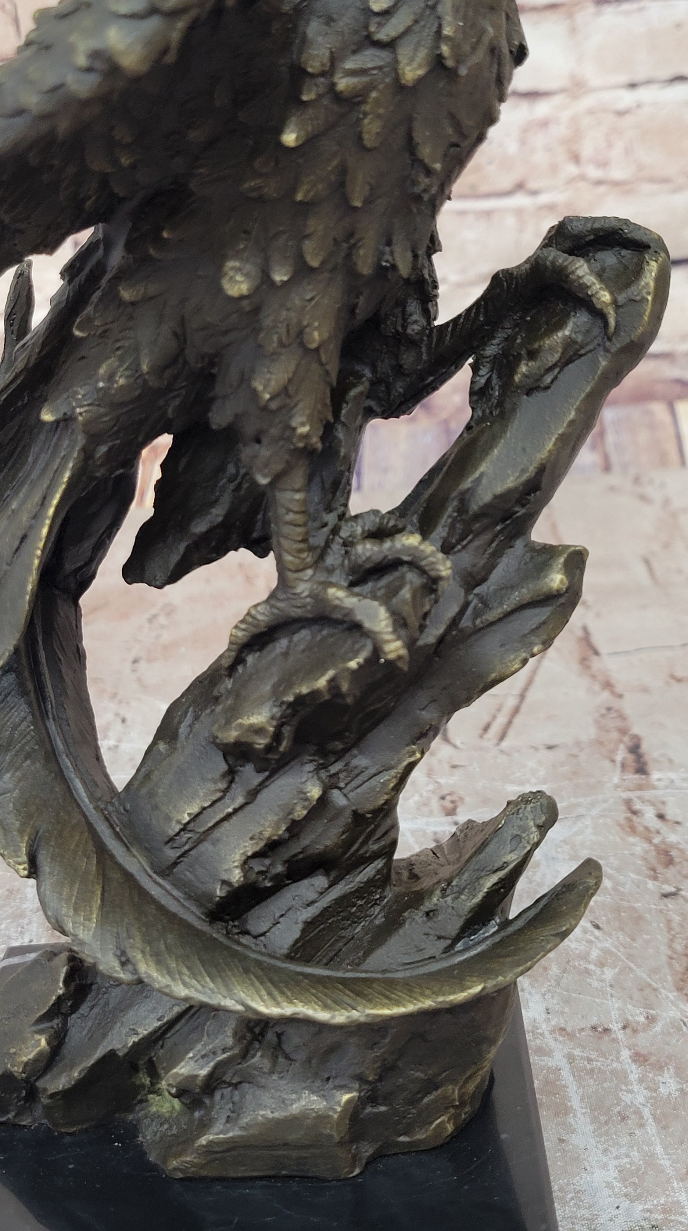 Regal Bronze Eagle Sculpture; Majestic Bird of Prey on Marble Base