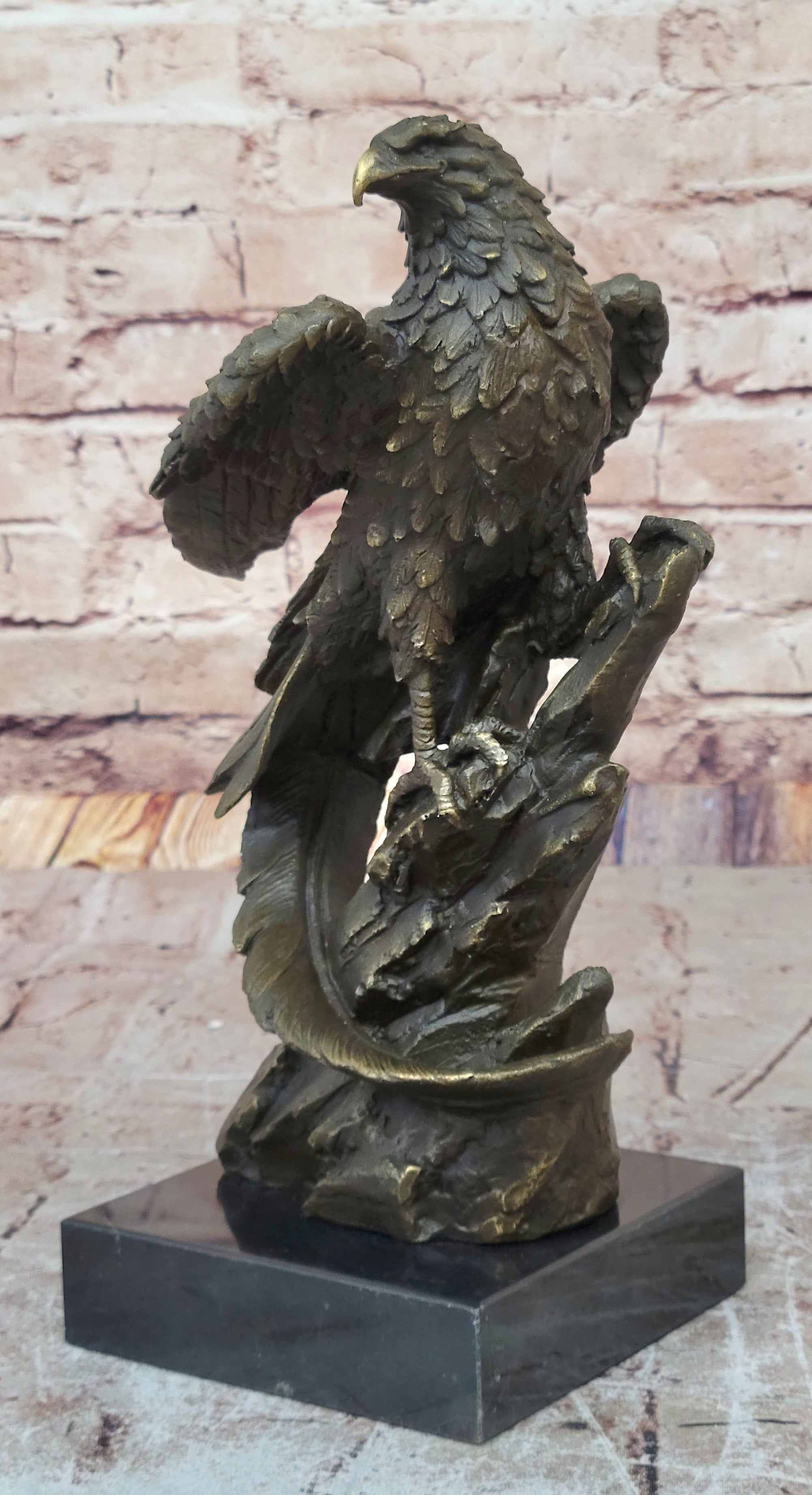 Regal Bronze Eagle Sculpture; Majestic Bird of Prey on Marble Base