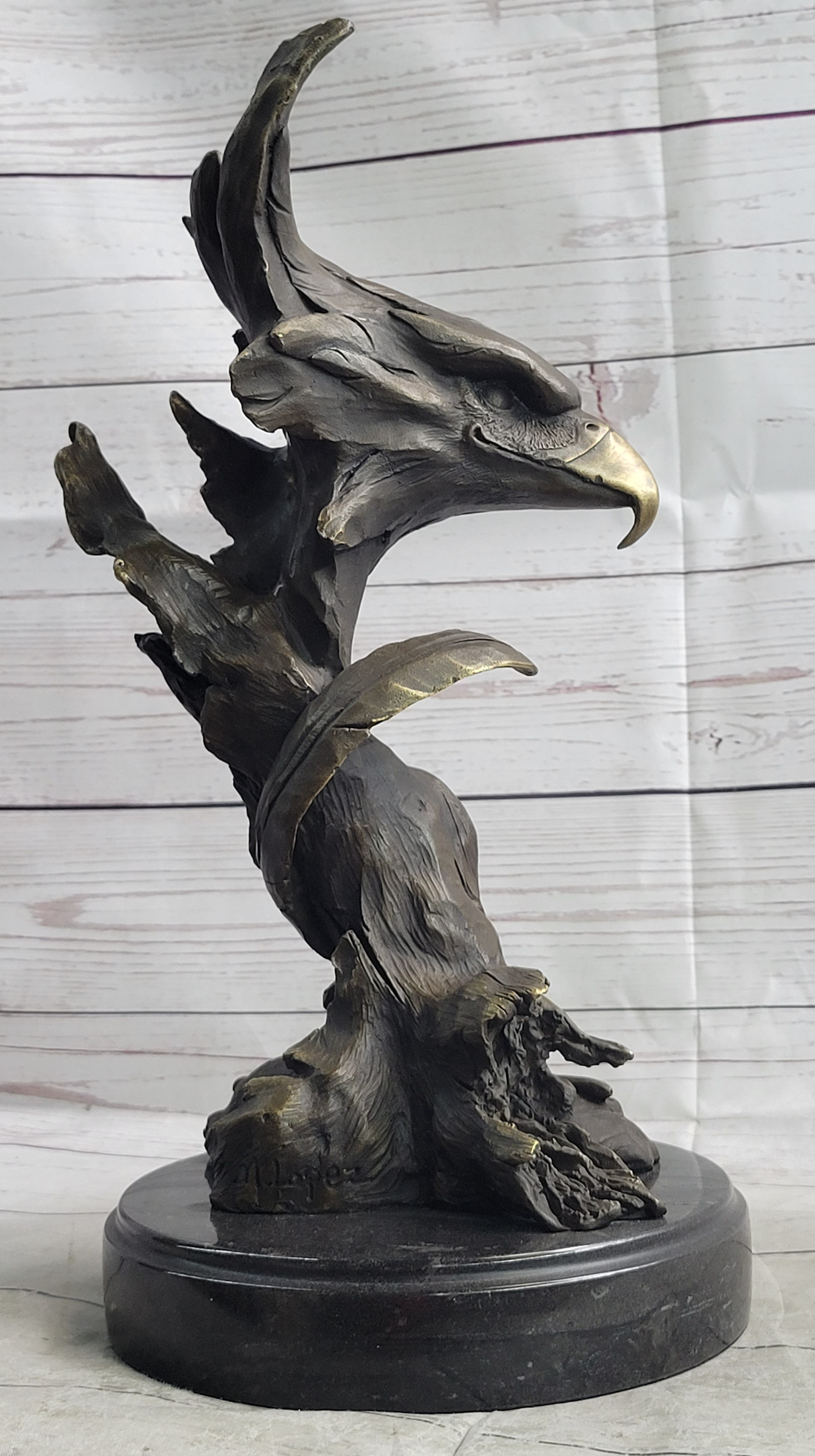 Bald Eagle Head Bust on Tree Bronze Sculpture Statue Figure Decor Signed Original on Marble Base