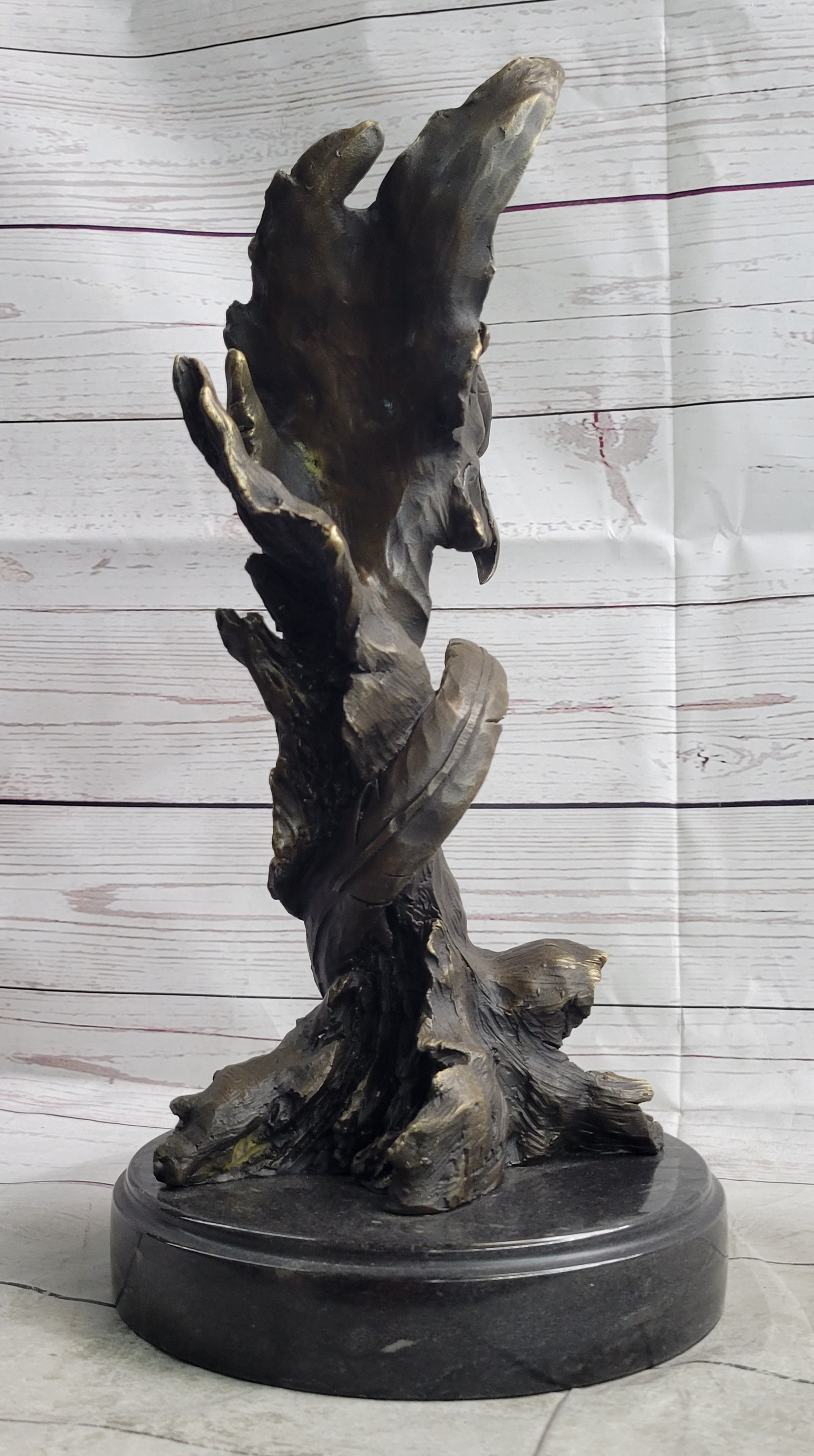 Bald Eagle Head Bust on Tree Bronze Sculpture Statue Figure Decor Signed Original on Marble Base