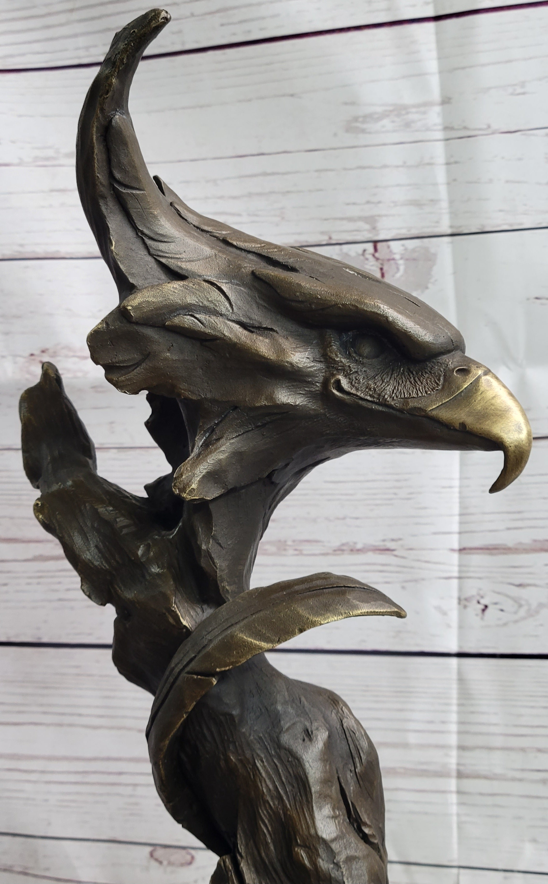 Bald Eagle Head Bust on Tree Bronze Sculpture Statue Figure Decor Signed Original on Marble Base