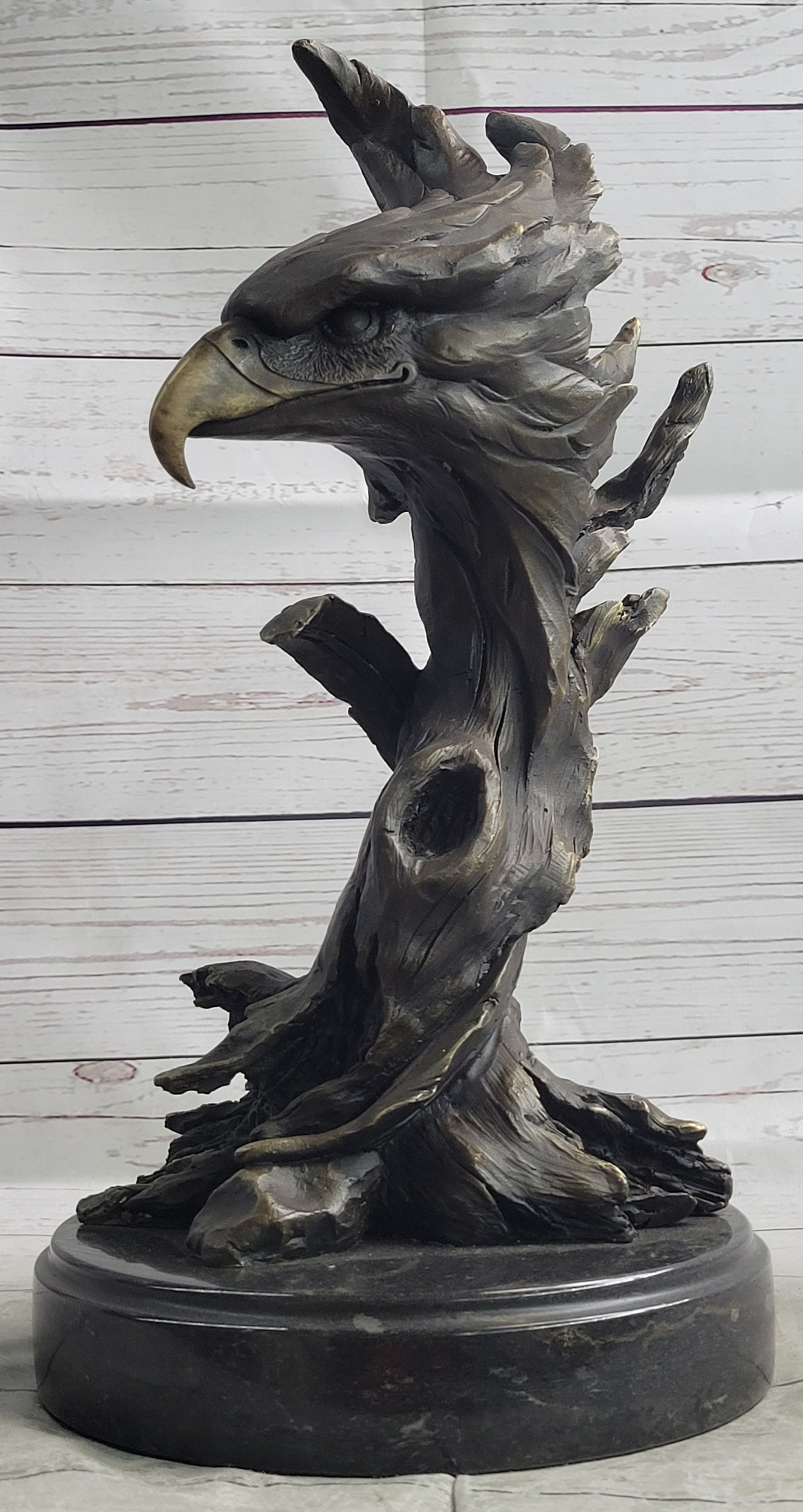 Bald Eagle Head Bust on Tree Bronze Sculpture Statue Figure Decor Signed Original on Marble Base