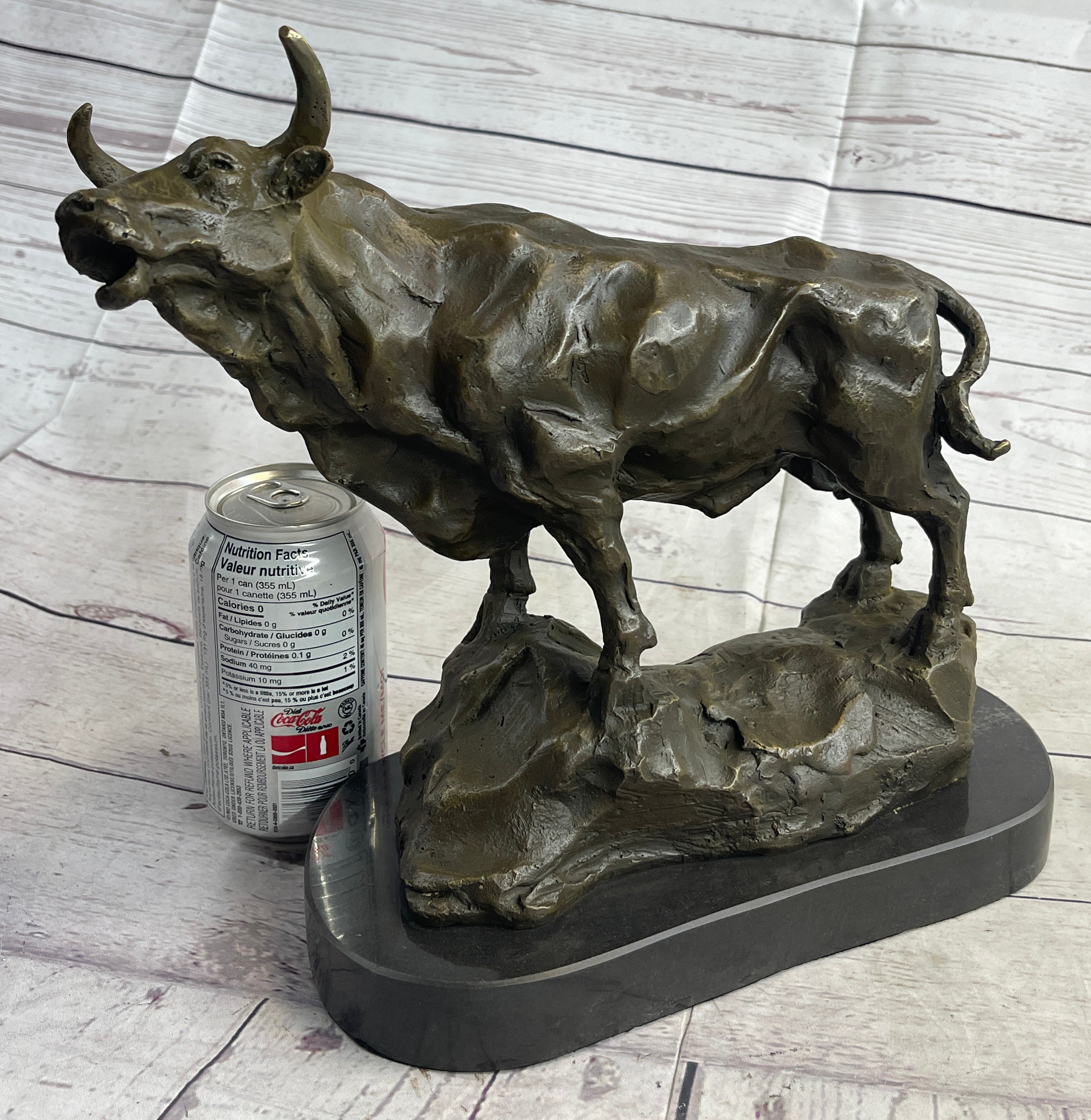Bull Cow Cattle Farm Animal Bronze Metal Statue Sculpture on Marble Base